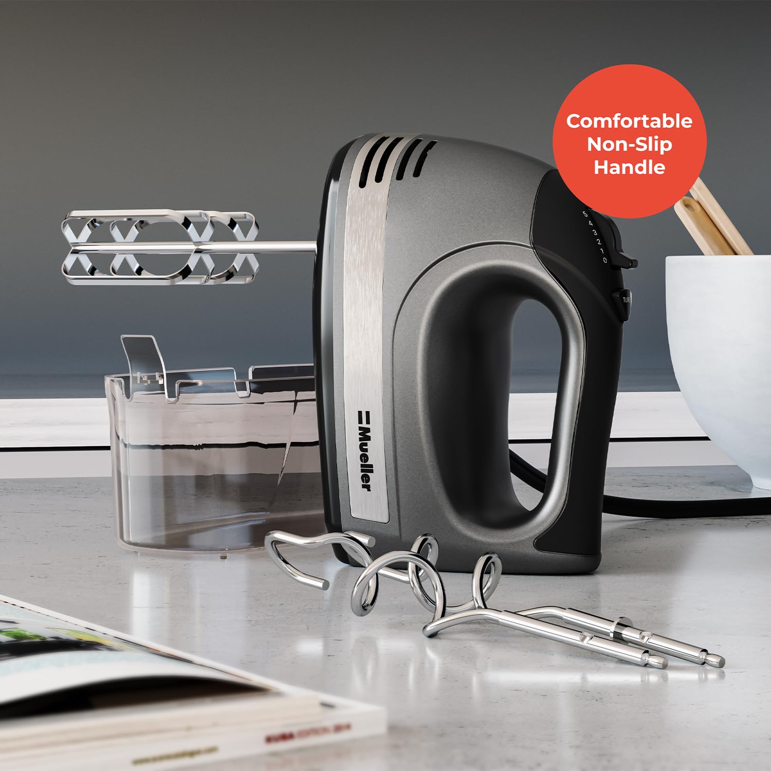 Mueller Electric Hand Mixer - 5 Speed 250W Turbo with Snap-On Storage Case & 4 Stainless Steel Attachments | Perfect for Whipping Cream, Mixing Cookies, Brownies, Cakes & Dough | Ideal for Home Baking, Holiday Cooking & Professional Kitchen Use