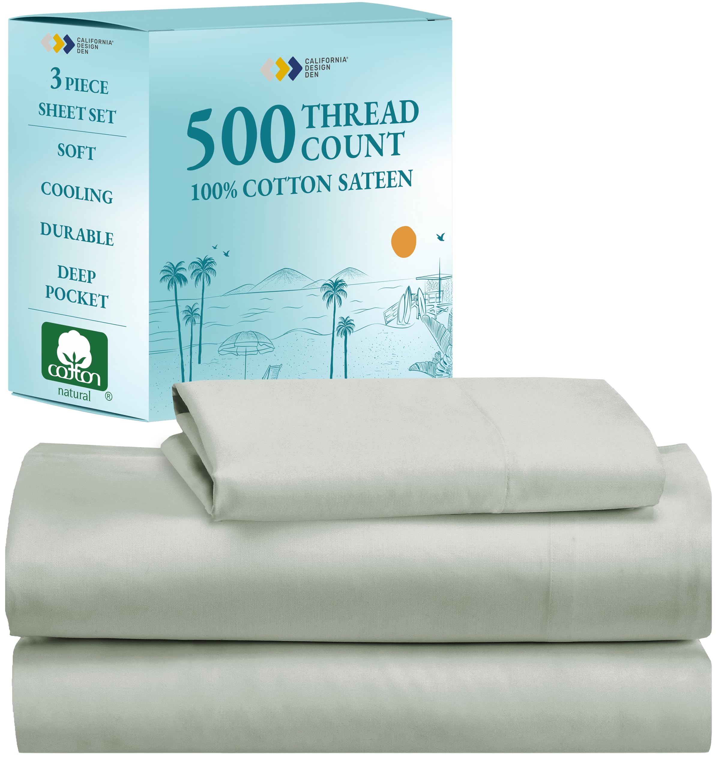 California Design Den - Premium 100% Cotton Twin Sheet Set, 500 Thread Count Cooling Bed Sheets with Deep Pockets, Soft & Breathable (Silver Sage) - Perfect for Hot Sleepers & All-Season Comfort