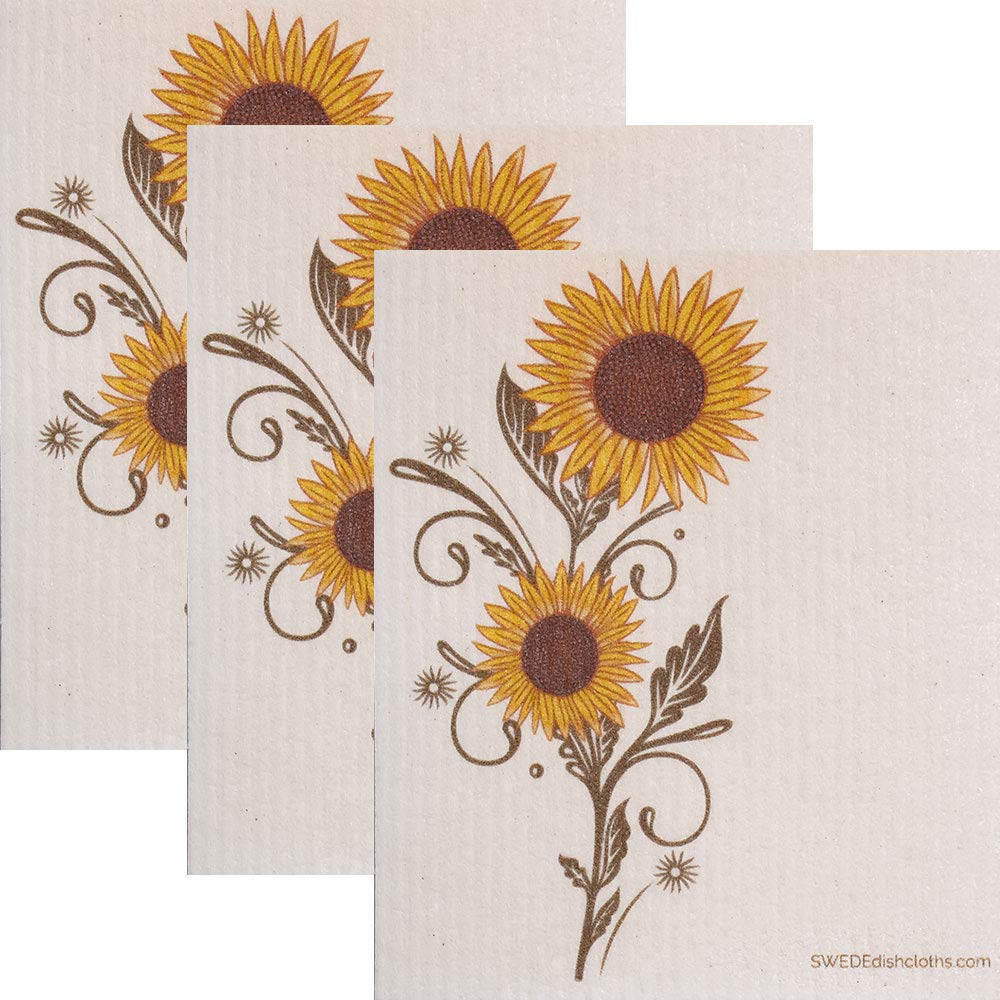 Eco-Friendly Cellulose Sponge Dish Towels - Set of 3 Reusable Sunflower Swedish Dish Cloths for Kitchen Cleaning, Dishwashing & Counter Wiping