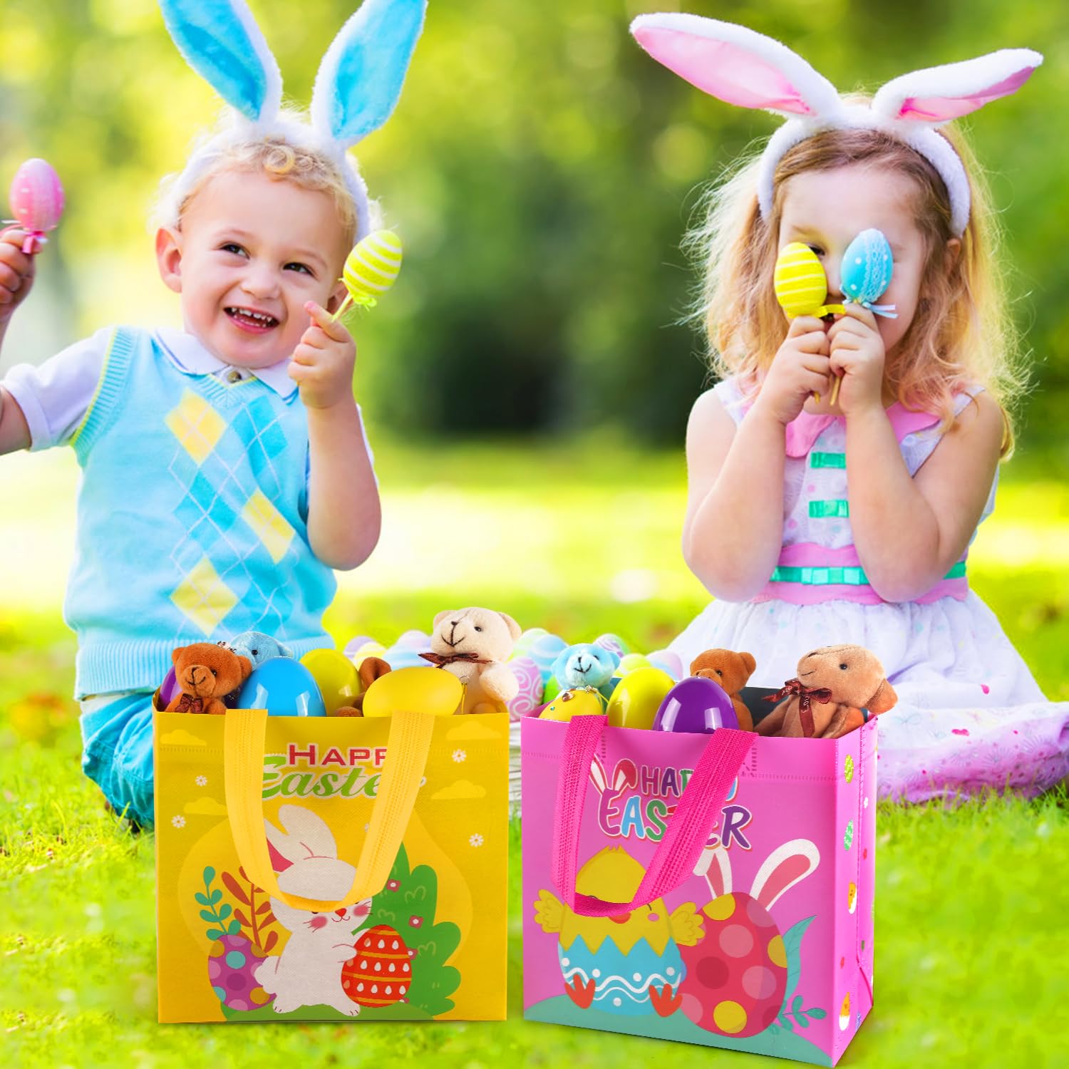 16PCS Reusable Easter Gift Bags with Handles - Non-Woven Easter Egg Hunt Treat Bags for Party Favors, Candy & Goodies | Easter Basket Fillers, Holiday Gift Wrapping & Spring Party Supplies