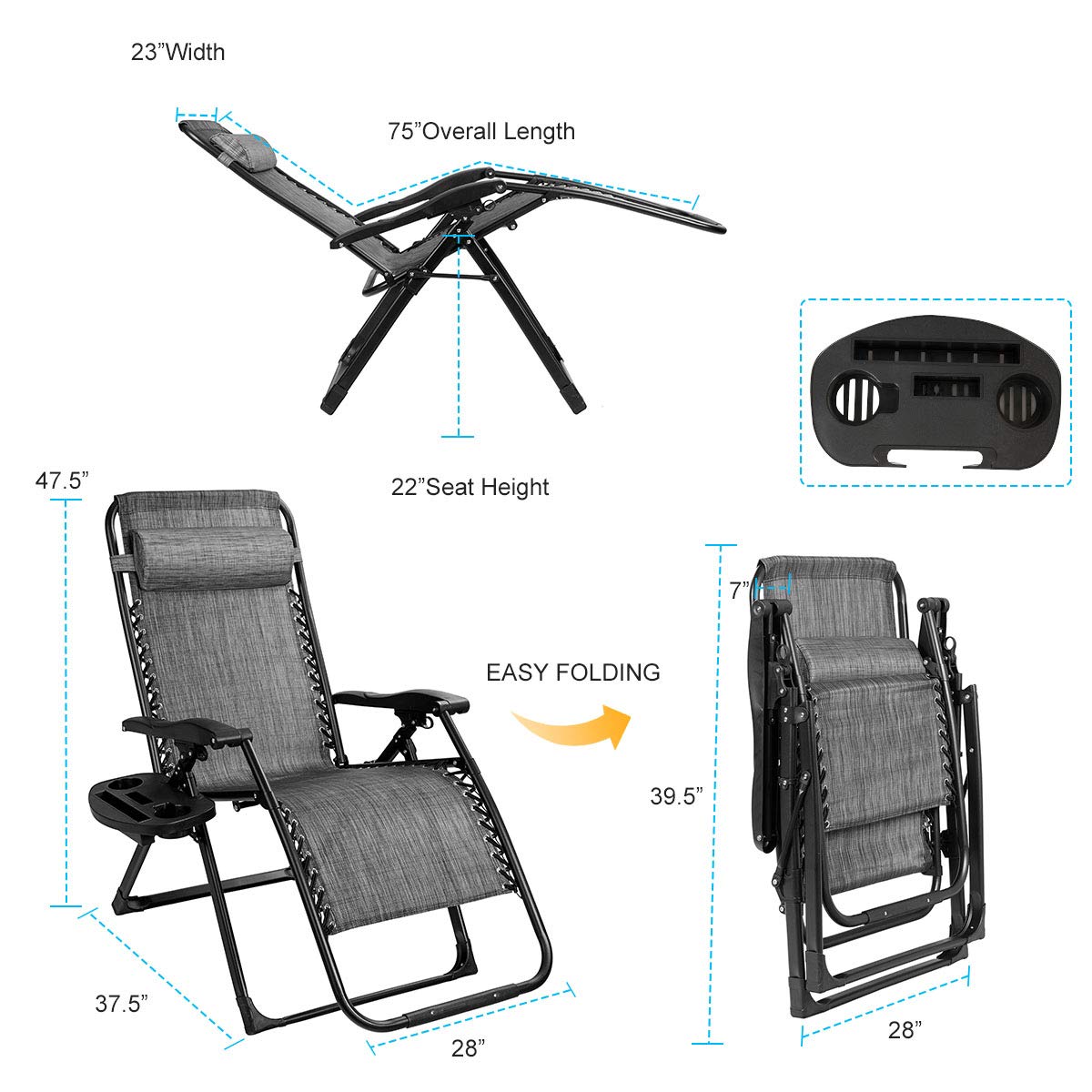 SAFSTAR Zero Gravity Chair - Oversized Outdoor Lounge Chair with Cup Holder & Detachable Pillow, 500 Lbs Capacity Folding Patio Recliner for Backyard, Poolside, Beach, Camping - Comfortable Gray Relaxation Chair