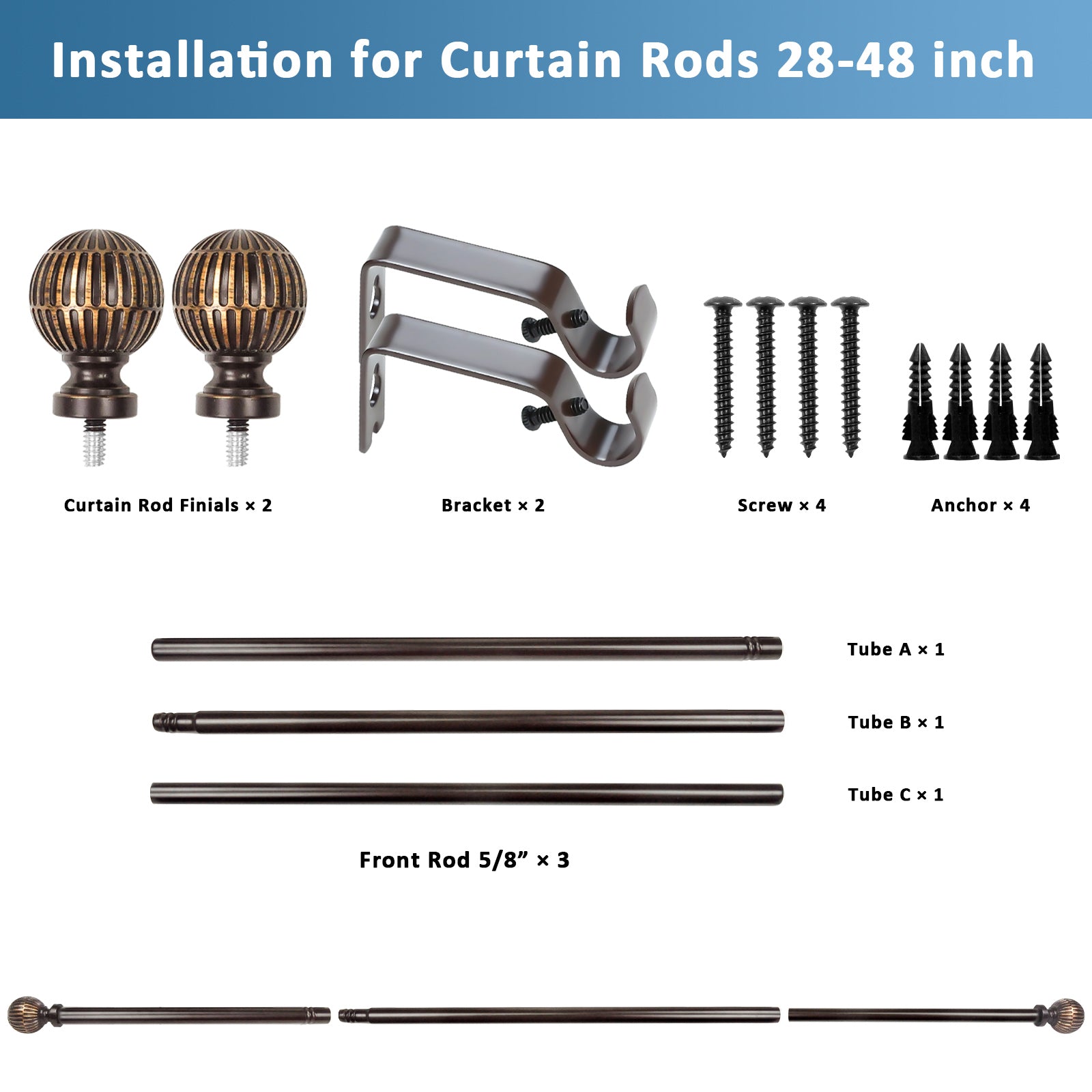 Urbanest 5/8 Inch Single Telescoping Curtain Rod with Volle Ball Finials - Adjustable 28 to 120 Inches - Perfect for Living Room, Bedroom & Window Treatments