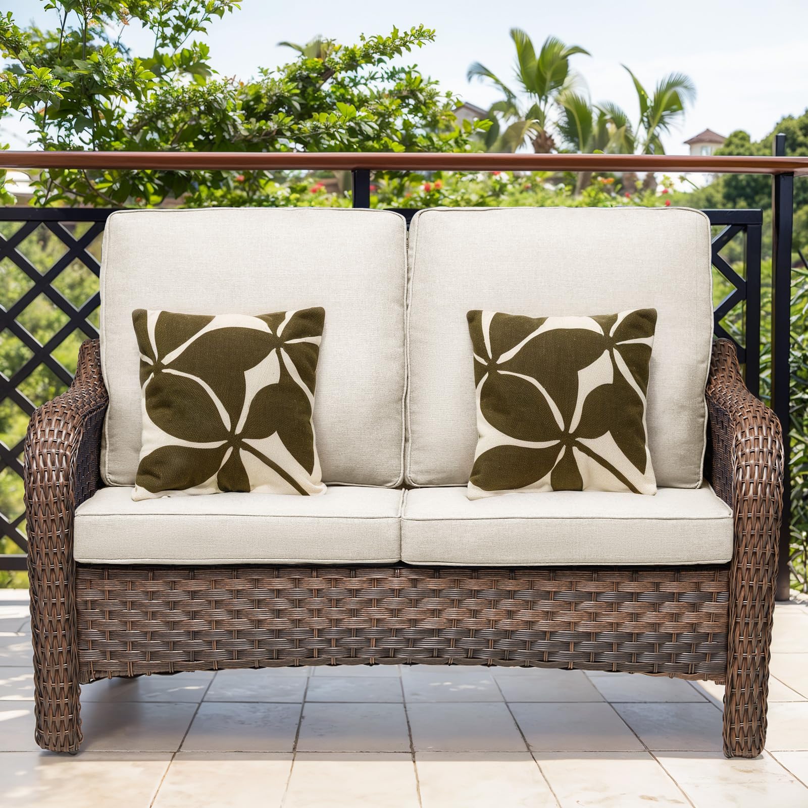 Outdoor Wicker Loveseat Sofa with Cushions - 2-Seater Rattan Patio Furniture for Sun Porch, Deck & Backyard - Comfortable Beige Cushioned Seating for Relaxing Outdoors
