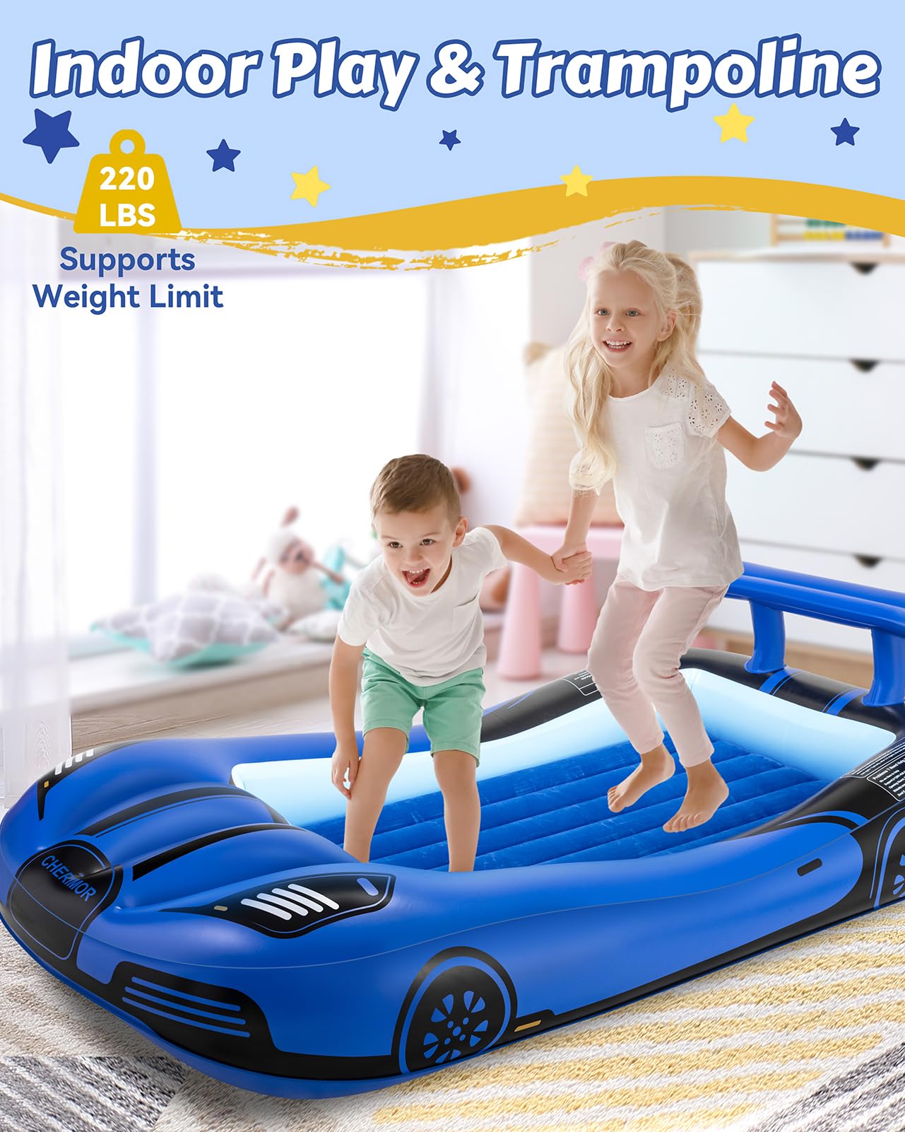 Inflatable Toddler Travel Bed with Safety Bumpers - Portable Racecar Air Mattress for Kids with Electric Pump | Perfect for Travel, Camping, Sleepovers & Vacation Gifts | Durable & Comfortable for Indoor & Outdoor Use