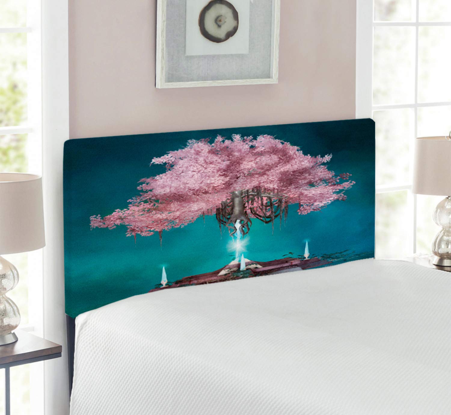 Ambesonne Magic Headboard with Supernatural Blossom Design - Upholstered Decorative Metal Bed Headboard with Memory Foam for Twin Size Beds in Lilac Petrol Blue | Perfect for Bohemian Bedroom Decor & Fantasy Theme Interiors