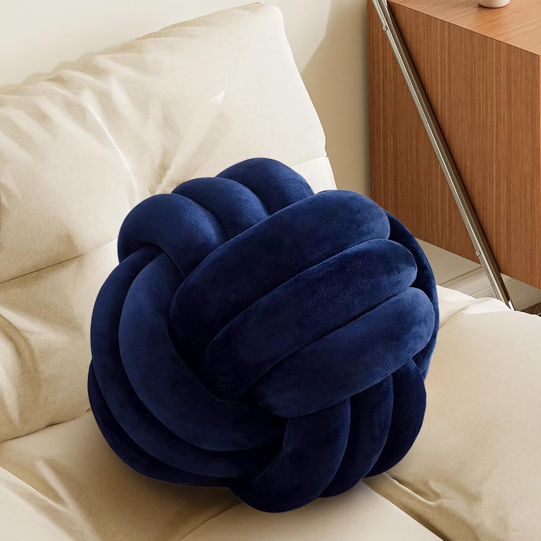 Knot Pillow - Navy Blue 35cm Ball-Shaped Decorative Throw Pillow | Handmade Braided Plush Cushion for Sofa, Bed & Home Decor | Perfect for Living Rooms, Bedrooms & Cozy Spaces