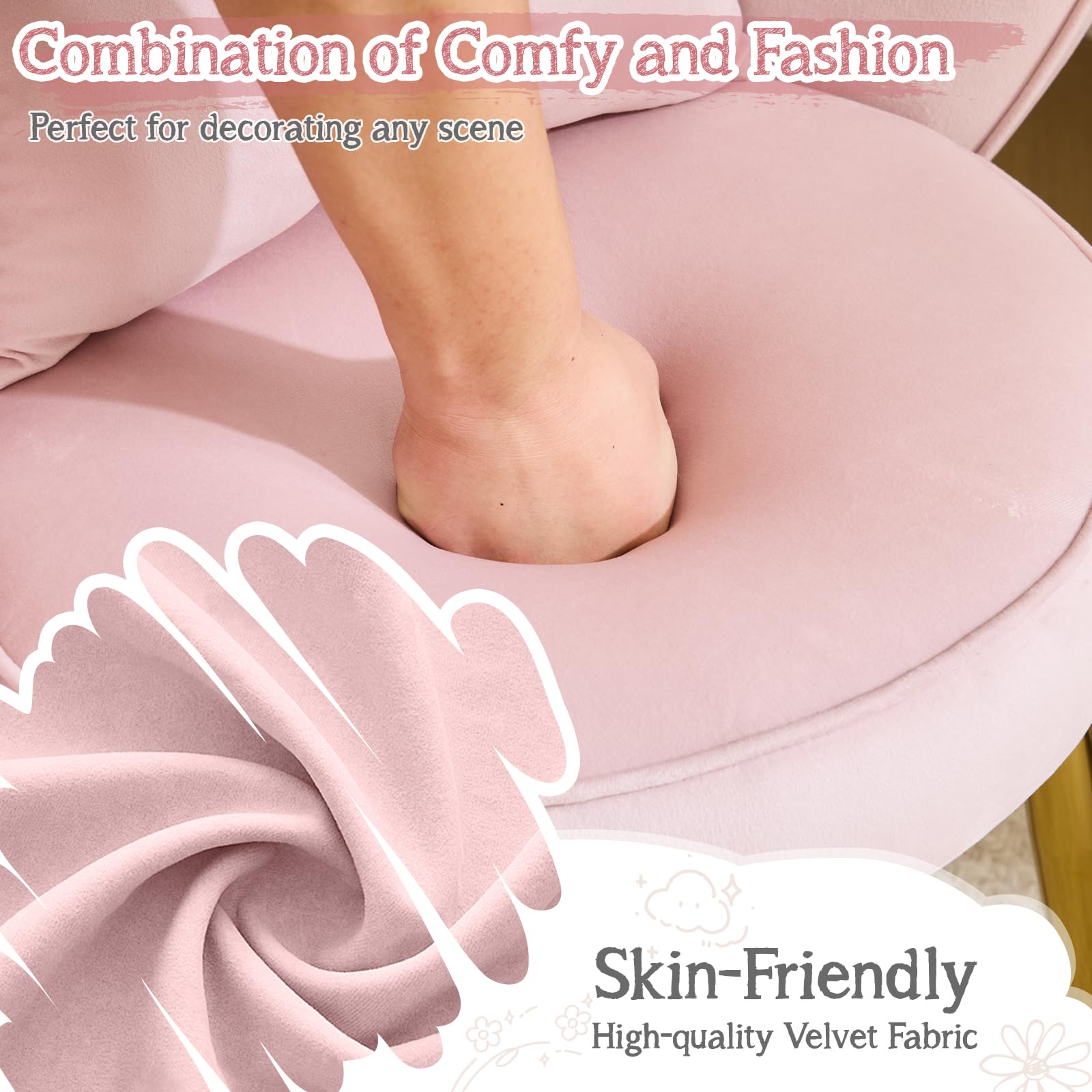 VINGLI Pink Velvet Petal Makeup Vanity Chair with Back - Cute Flower Design, No Wheels, Adjustable Gold Legs & Bow Pillow - Modern Accent Chair for Girls Bedroom, Home Office, Dressing Room & Dining Area
