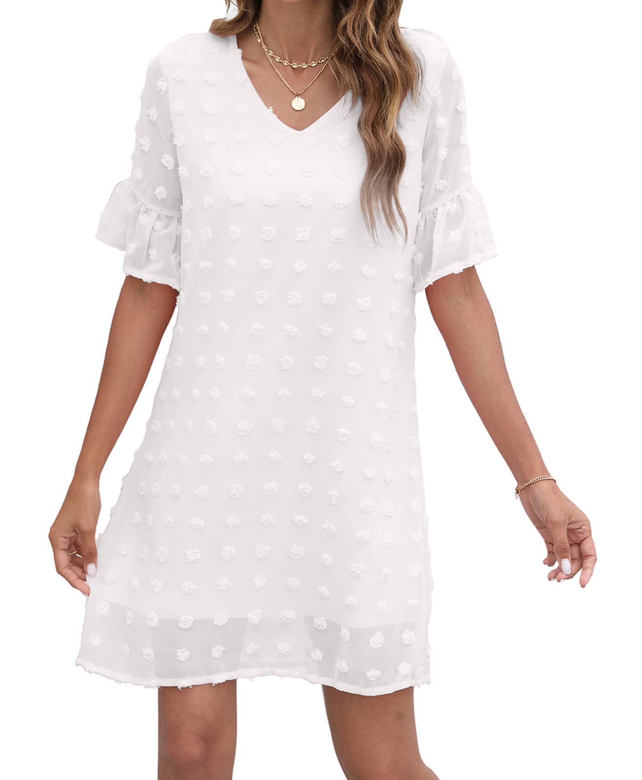 PHANXY Women's White Chiffon Flowy Mini Dress - Sweet V-Neck Ruffle Short Sleeve Loose Sun Dress | Perfect for Summer Outings, Beach Vacations & Casual Date Nights
