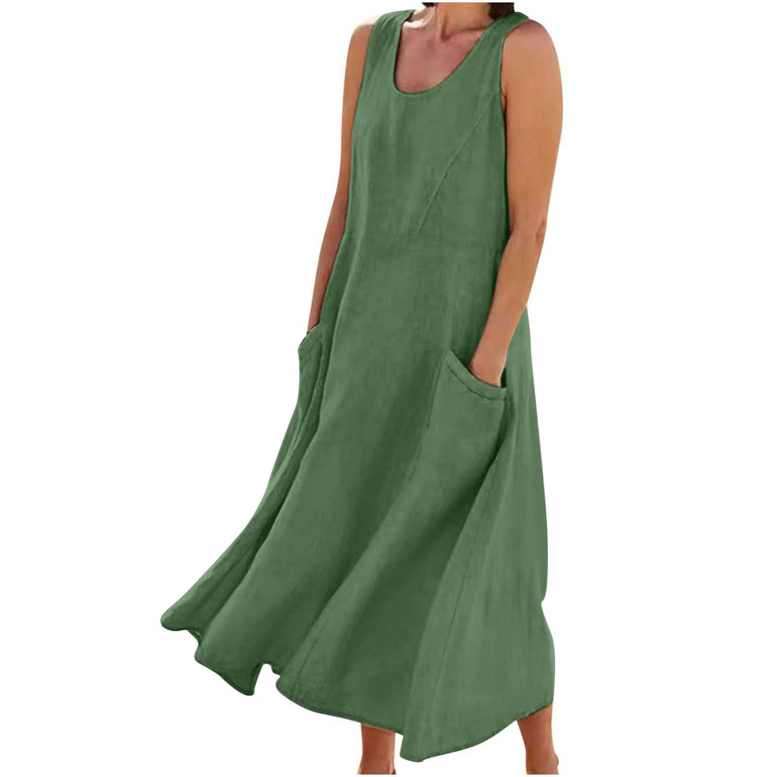 LEHOZIHEQ Women's Summer Dresses 2024 - Casual Boho Sundress, Sleeveless Maxi Dress with Pockets, Crew Neck Beach Dress for Vacation, Travel & Outdoor Activities