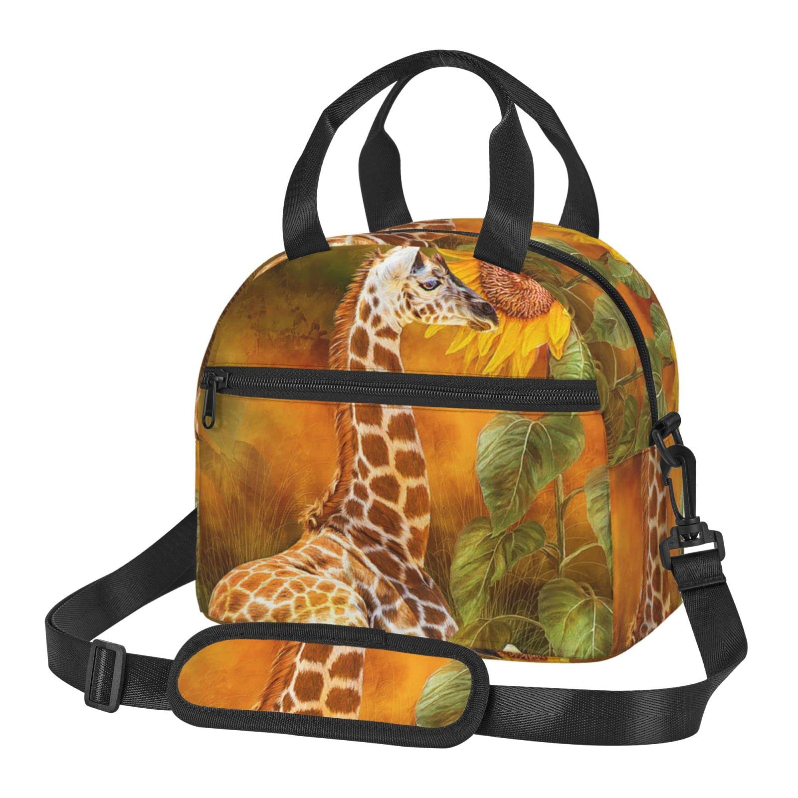 Insulated Lunch Bag for Women & Men - Freezable Tote with Adjustable Shoulder Strap, Cute Giraffe & Sunflower Design - Perfect for Work, School, Picnics & Outdoor Activities