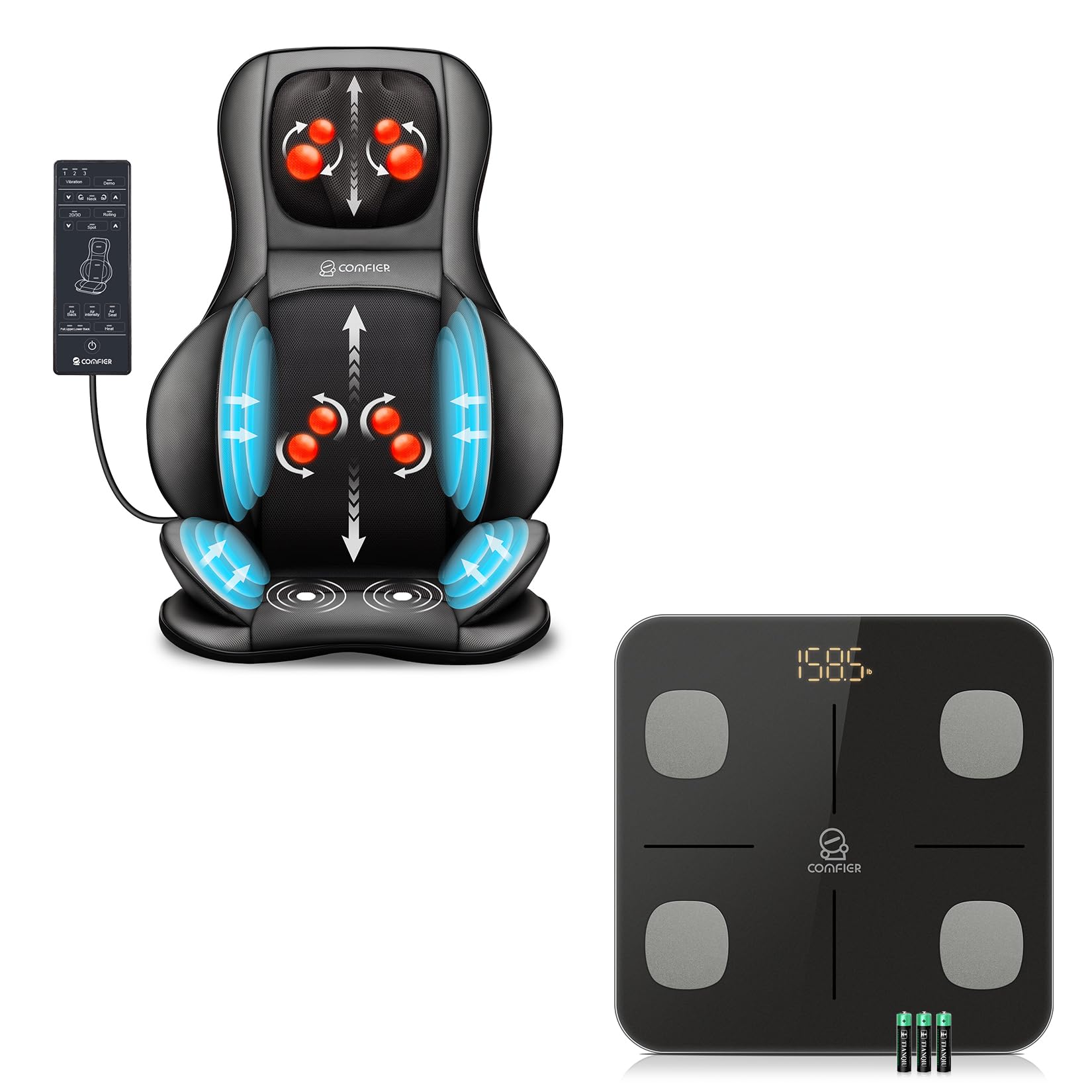 COMFIER Smart Body Fat Scale - Accurate Digital Bathroom Weight Scale with Bluetooth & Neck Back Massager with Heat - Shiatsu Massage Chair Pad with 2D/3D Kneading for Home Gym, Office & Spa Relaxation