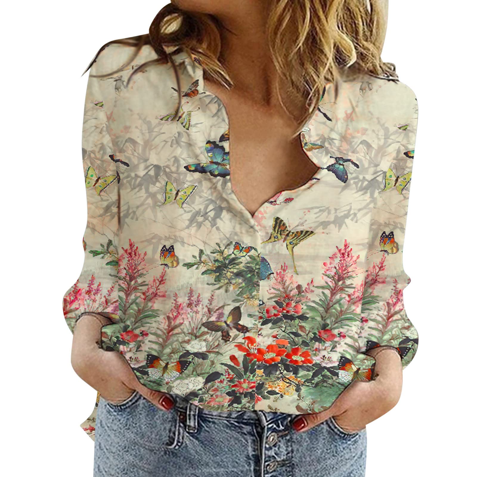 Floral Print Long Sleeve Collar Shirt for Women - Elegant Blouse Tops for Holiday & Casual Wear (White, Size L) | Office, Party & Everyday Outfits
