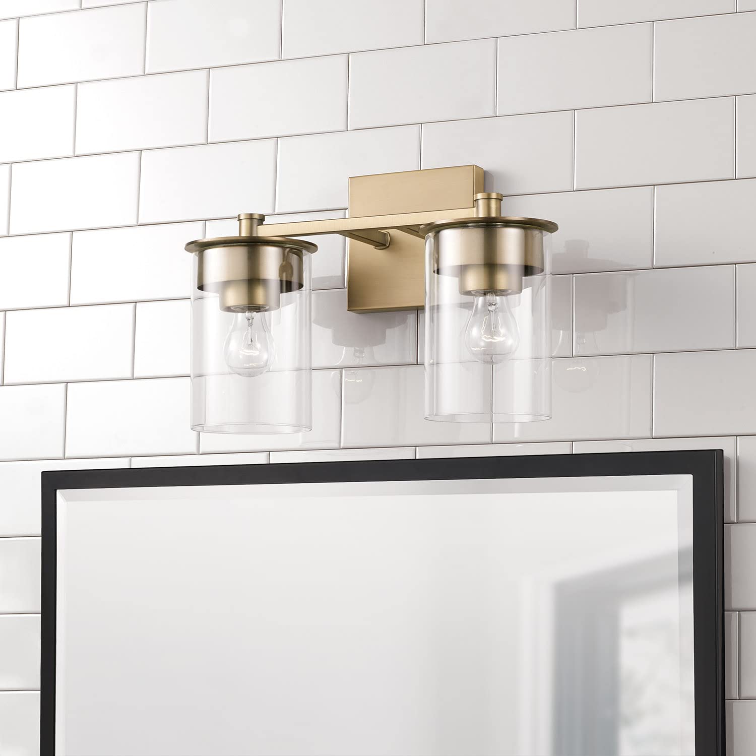 HomePlace Lighting 146821AD-532 Mason Transitional 2-Light Vanity Fixture - Clear Glass Cylinder Shade, Brass Finish, 9