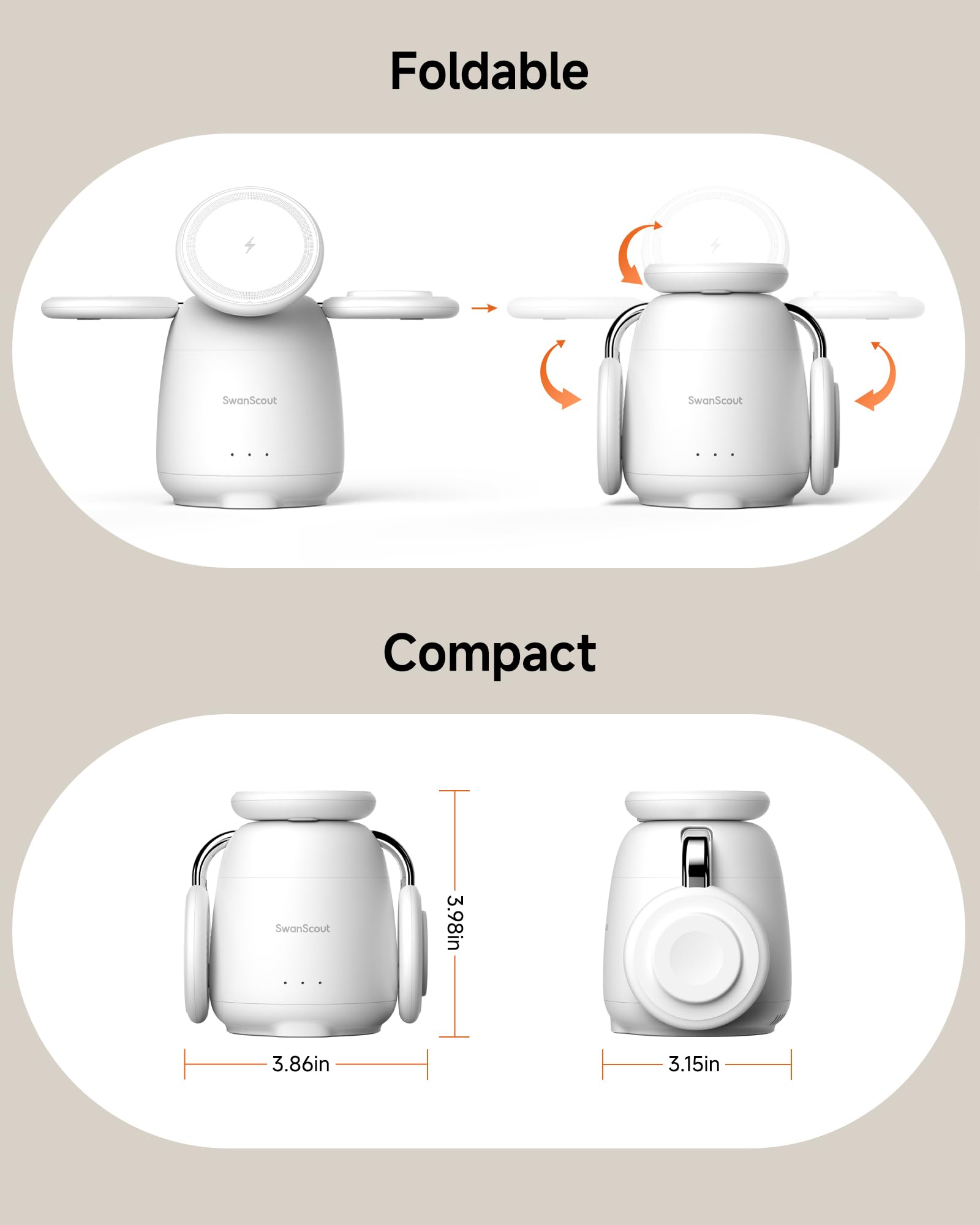 SwanScout 3-in-1 Magnetic Wireless Charging Station for iPhone 16/15/14/13/12 Series, Apple Watch & AirPods - Fast MagSafe Charger with Elegant Swan Design - Perfect for Bedside, Office Desk & Travel Accessories (Model 707M)