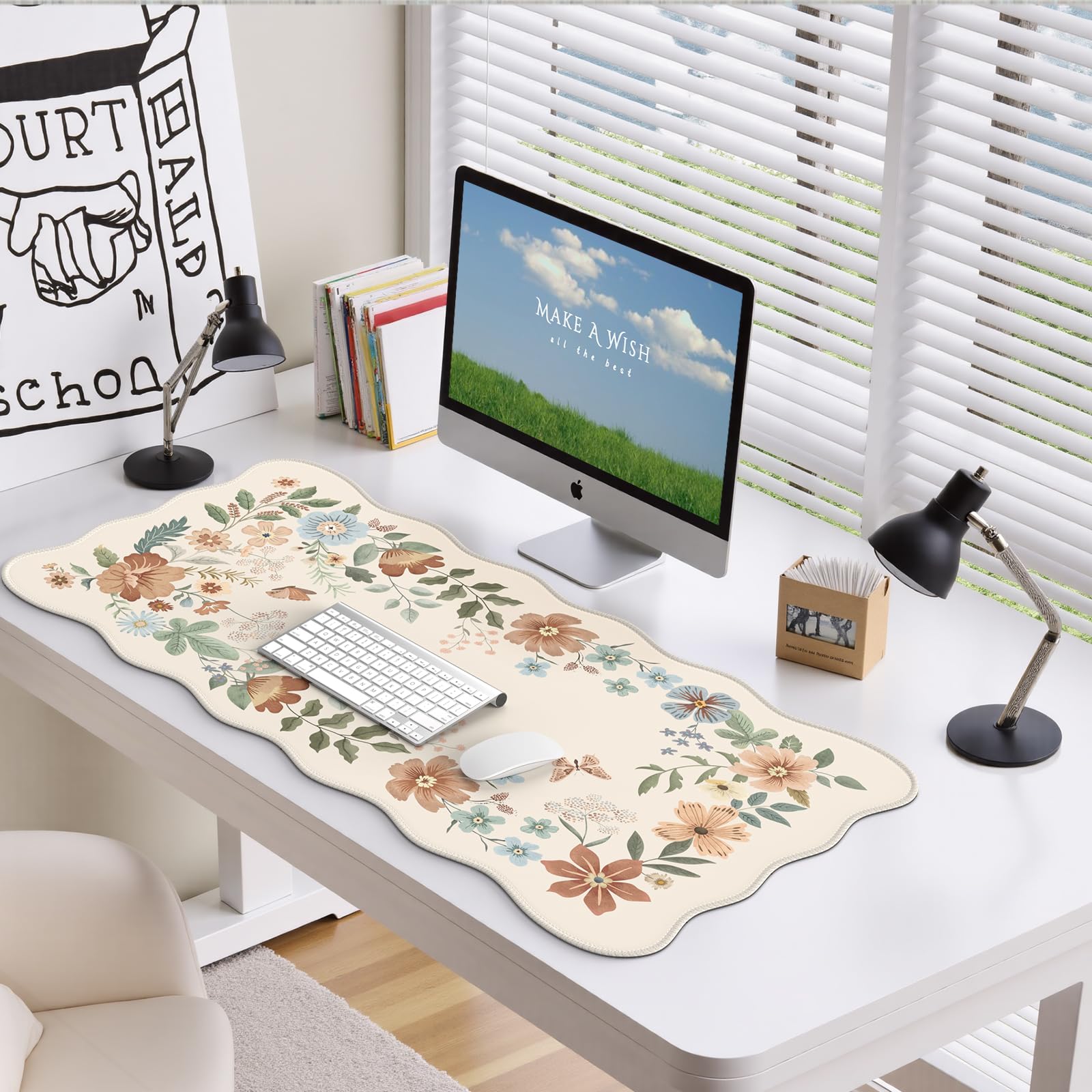 HAOCOO Non-Slip Floral Desk Mat with Edge Stitching - Large Washable Mouse Pad for Keyboard & Mouse, Office Aesthetics & Gaming - Perfect for Home Office, Workstation & Computer Desk (Beige)