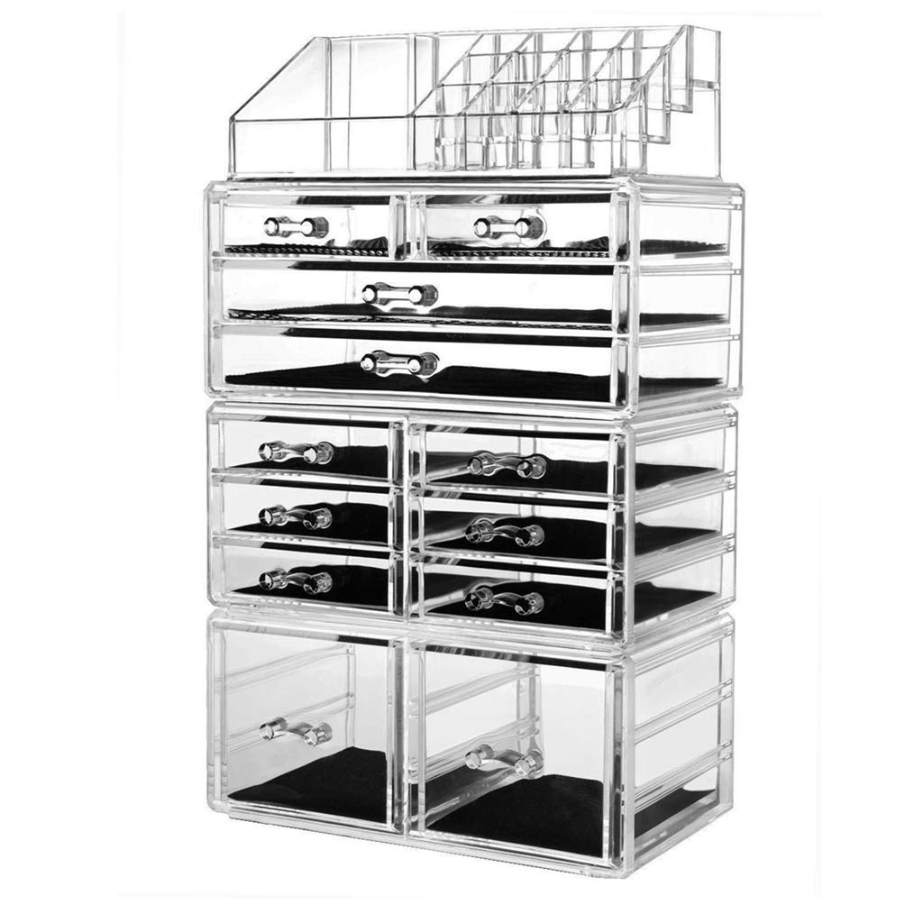 Riyyow 4-Piece Transparent Plastic Makeup Organizer Set - Adjustable Cosmetic & Jewelry Storage Display Box with Brush Holder & 12 Drawers - Perfect for Vanity, Bathroom, and Salon Organization