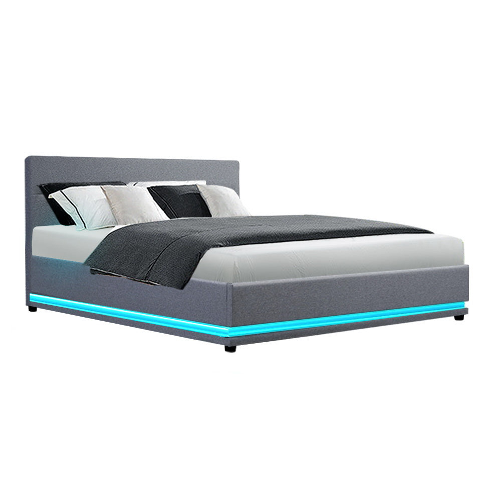 Henley Queen Size Gas Lift Storage Bed Frame with LED Lights - Grey Upholstered Platform Bed for Modern Bedroom, Guest Room, or Small Space