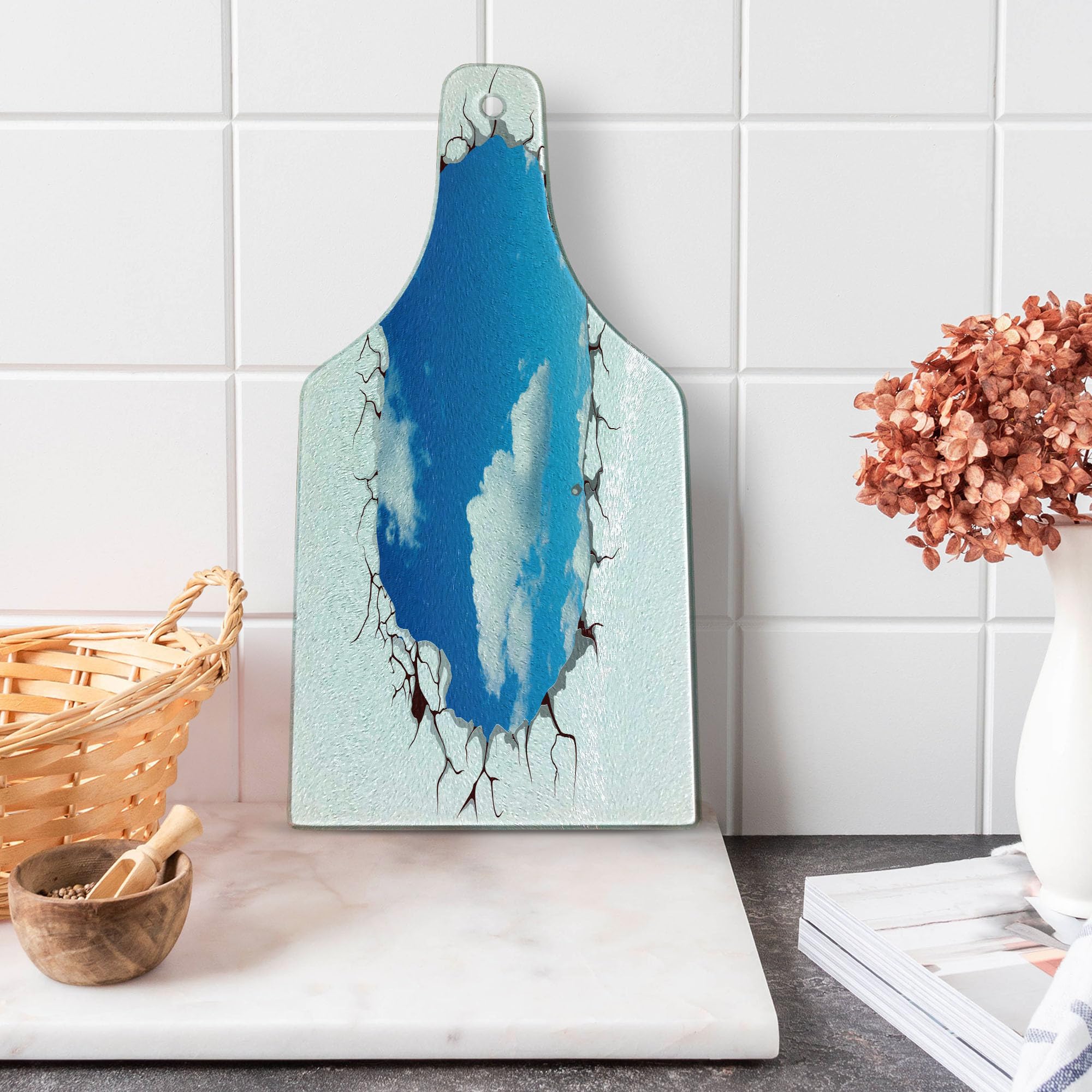 Ambesonne Sky Cutting Board - Summer Sky with Fluffy Clouds, Cracked Look Modern Art Design - Tempered Glass Serving Board for Cheese, Charcuterie & Wine - White & Blue Decorative Kitchen Accessory - Perfect for Entertaining, Gifts & Home Decor