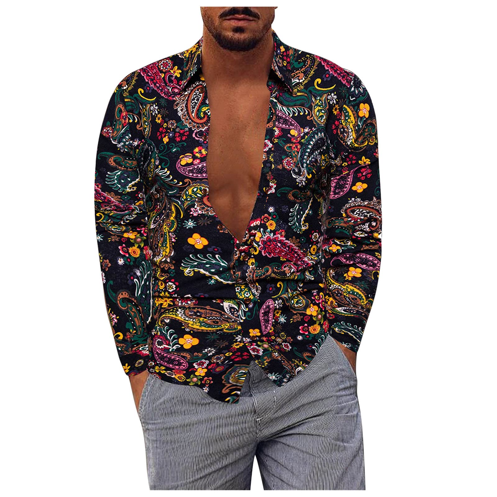 ZDFER Men's Plus Size Cotton Linen Print T-Shirt - Button Down Casual Long Sleeve Loose Fit Blouse for Everyday Wear & Outdoor Activities