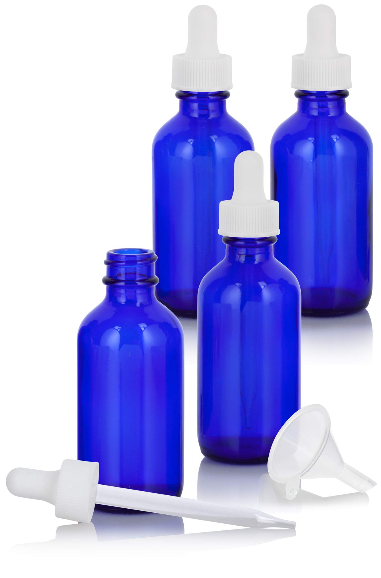 JUVITUS 2 oz Cobalt Blue Glass Boston Round Bottles with White Dropper Caps and Funnel - 4 Pack Set for Essential Oils, DIY Skincare, and Craft Projects