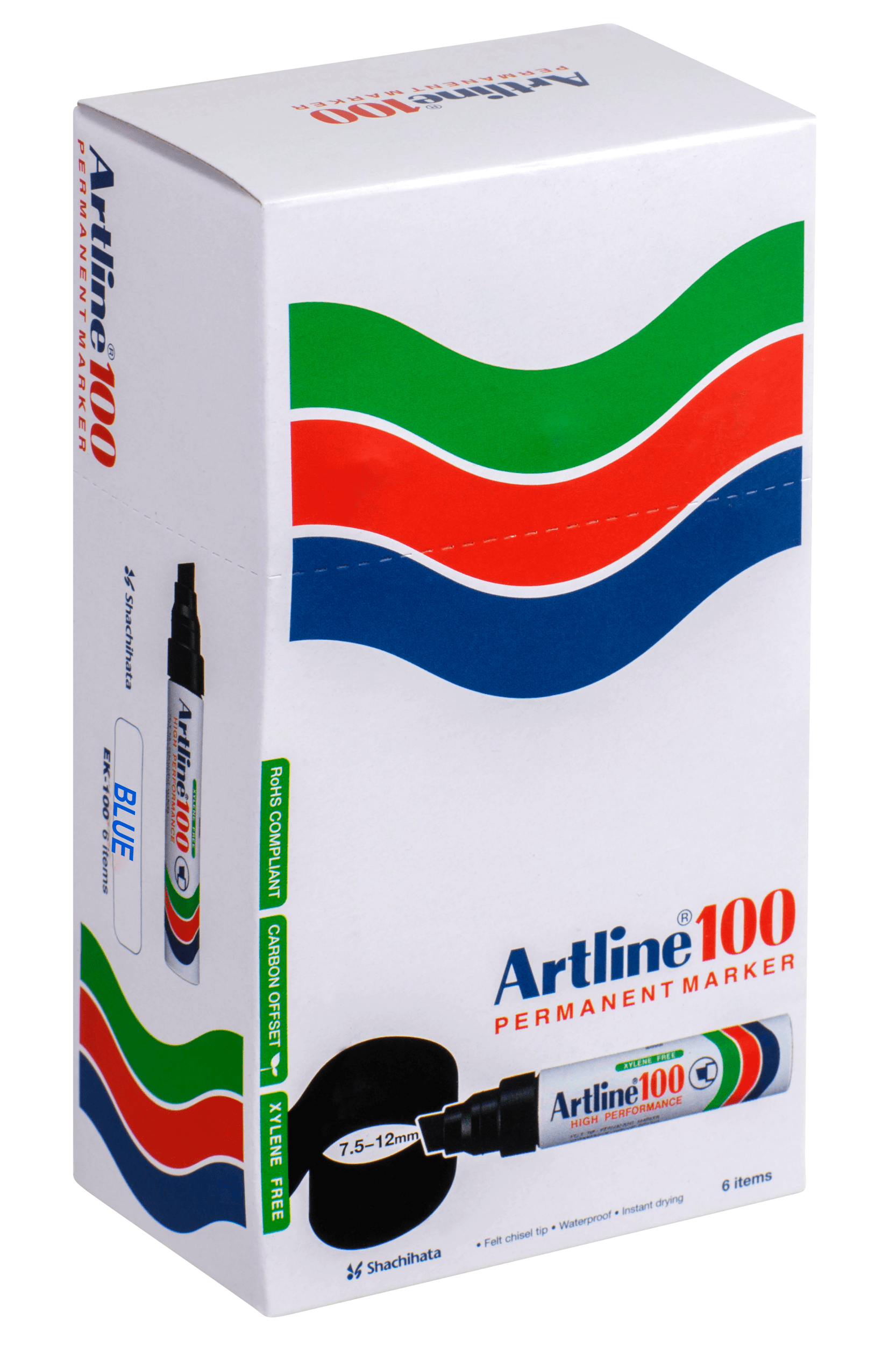 Artline 100 Permanent Marker Chisel Tip Blue - 6 Pack Set for Office, School & Home Use - Bold Writing on Paper, Plastic & Metal Surfaces
