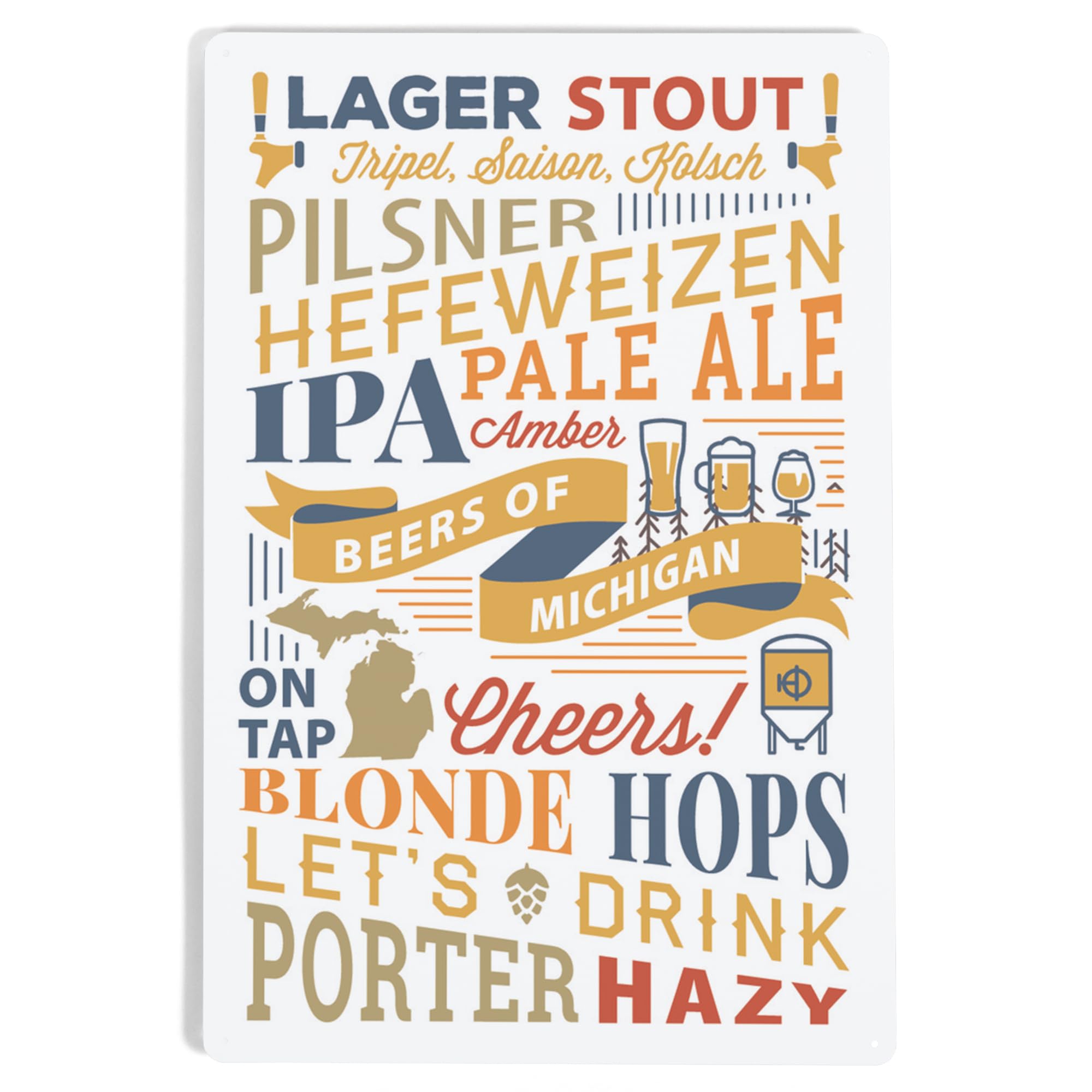 Lantern Press 12x18 Inch Metal Sign - Beers of Michigan Typography Wall Art - Perfect for Home Bar, Man Cave & Brewery Decor