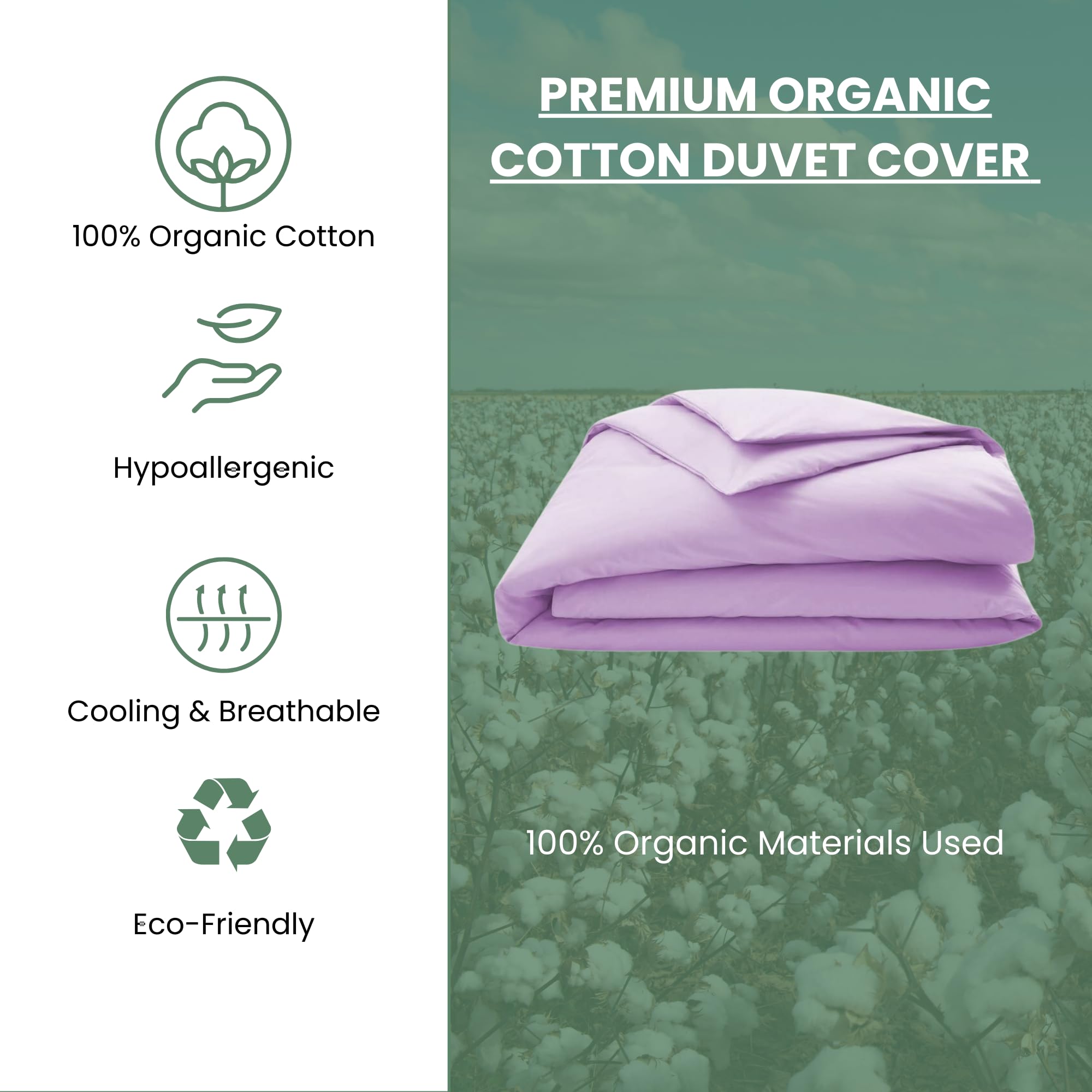 Organic Cotton Duvet Cover Queen Size - GOTS Certified 350 Thread Count Lilac Bedding Set | Breathable, Soft & Comfortable for All Seasons | Perfect for Master Bedroom, Guest Room & Airbnb | Machine Washable