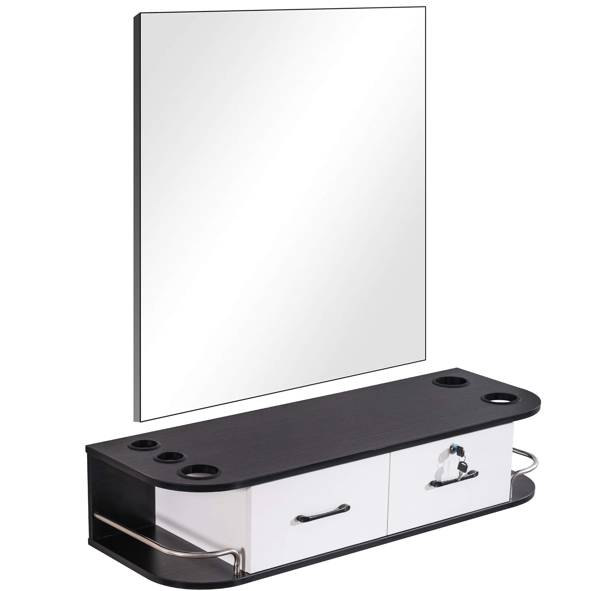 **BarberPub Wall Mount Salon Station with Mirror - Black & White Styling Chair for Barber Shop, Beauty Spa & Home Use**