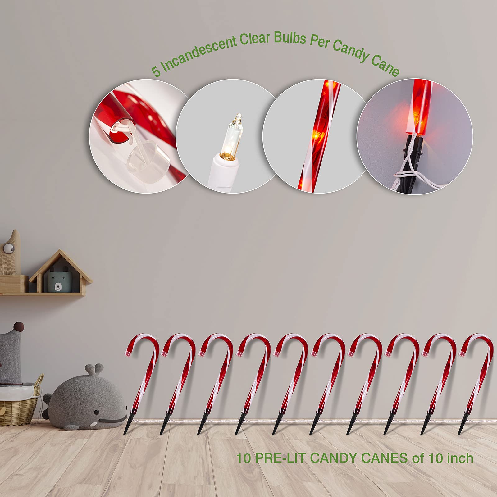 10 Inch Candy Cane Lights - Set of 10 Outdoor Christmas Pathway Decorations with LED Lights | Waterproof Holiday Yard Decor for Driveway, Garden & Front Porch