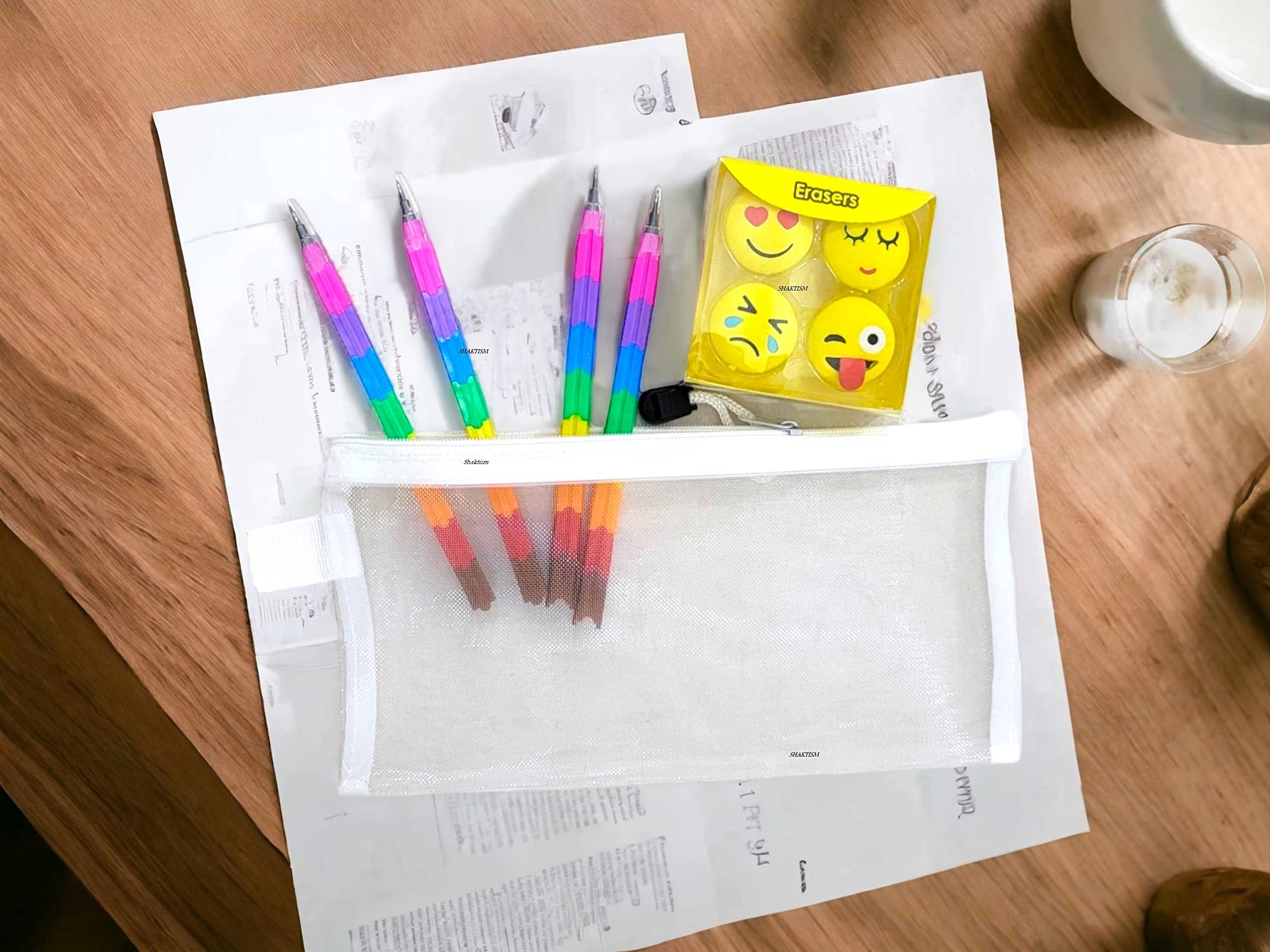 Shaktism Mechanical Pencils & Eraser Set - 12-Piece Writing Kit with Emoji-Shaped Erasers, Transparent Pouch for School, Office & Art | Perfect Gift for Kids, Boys & Girls | Back to School Supplies, Birthday Present & Classroom Essentials