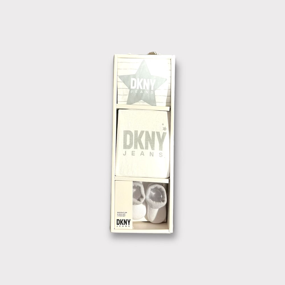 DKNY 3-Piece Baby Gift Set - Soft Cotton Bodysuit, Pants & Hat Outfit for Newborns | Perfect for Photo Shoots, Christenings & First Outings