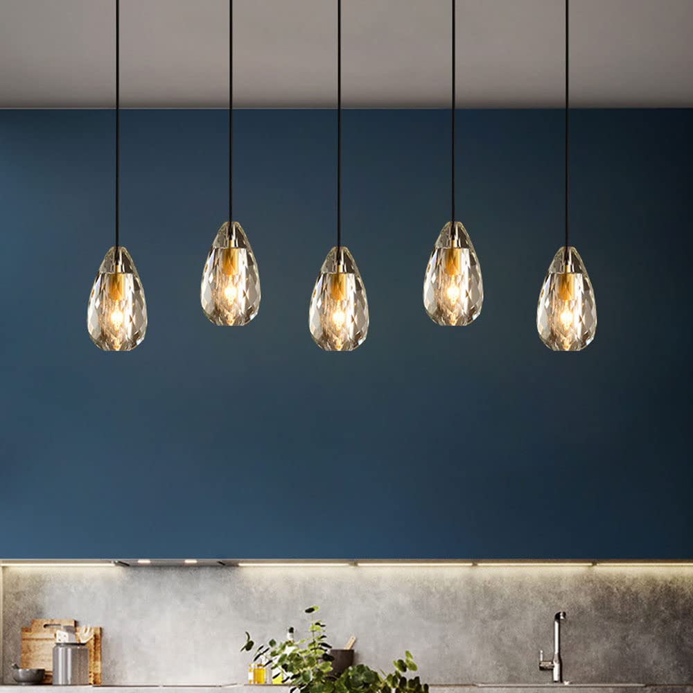 Modern Crystal Pendant Light Fixture - Mini Water Droplets Adjustable Hanging Lamp in Gold Finish for Dining Room, Kitchen Island, Cafe, Restaurant & Hallway Lighting - 1-Light Chandelier for Elegant Home & Commercial Decor