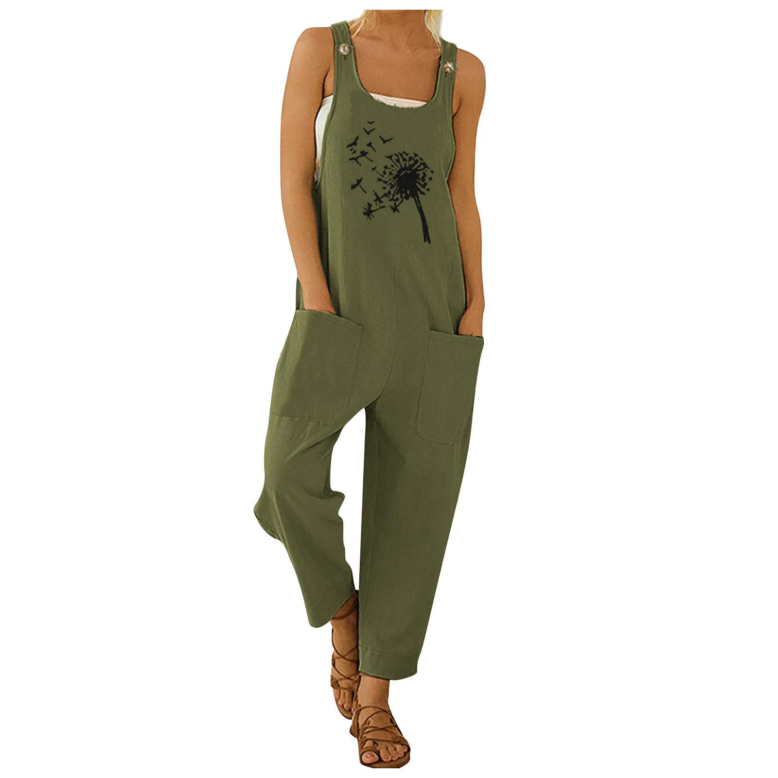 AJooED Women's Casual Boho Print Jumpsuit with Pockets & Button Strap - Long Sleeve Romper Playsuit for Everyday Wear, Beach Outings & Music Festivals