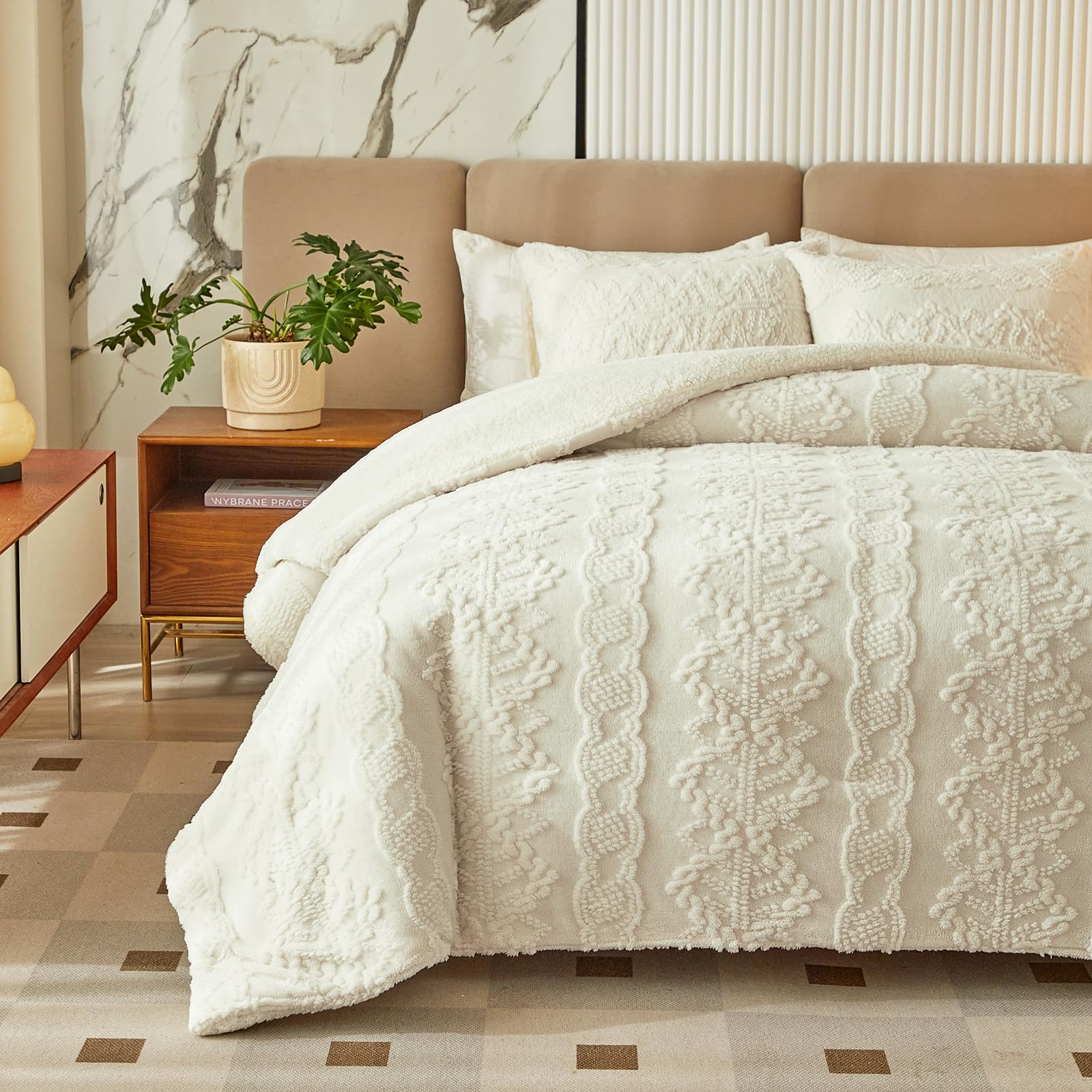 Luxury Flannel Fleece Sherpa Comforter Set Twin Size - Jacquard Boho Stripes Down Alternative Comforter White - Ultra Soft & Warm 3-Piece Bedding Set (1 Comforter + 2 Pillowcases) - Perfect for Winter Bedrooms, Guest Rooms & Cozy Cabin Retreats