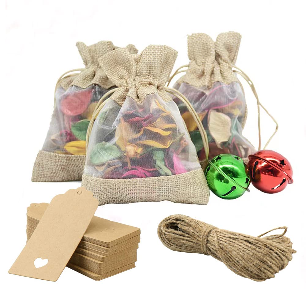 50Pcs 4x6 Inch Natural Linen Burlap Drawstring Bags with Bonus Gift Tags - Wedding Favors, Birthday Party Favors, Cosmetic Samples & DIY Craft Supplies - Perfect for Gift Packaging, Party Decorations and Small Item Storage