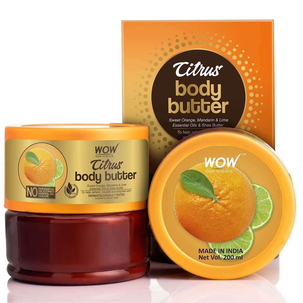 WOW Skin Science Shea Body Butter with Almond Oil & Pure Shea Butter - Deep Moisturizing Cream for Dry Skin, Stretch Marks & Hands - 200ml Citrus Scented Body Lotion - Perfect for Daily Hydration, Post-Shower Care & Winter Skin Protection