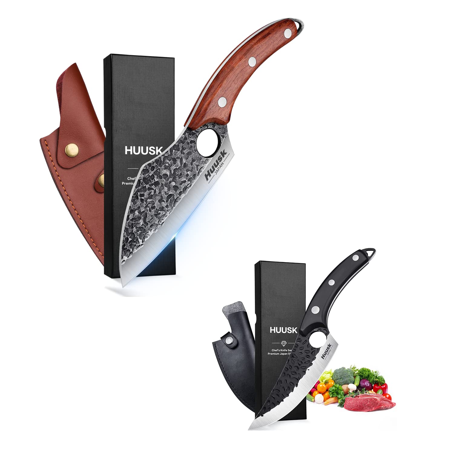 Premium Huusk Japanese Chef Knife Set with Leather Sheath - Razor Sharp Kitchen Knives for Cooking, Camping & Outdoor Adventures - Perfect Gift for Men & Home Chefs