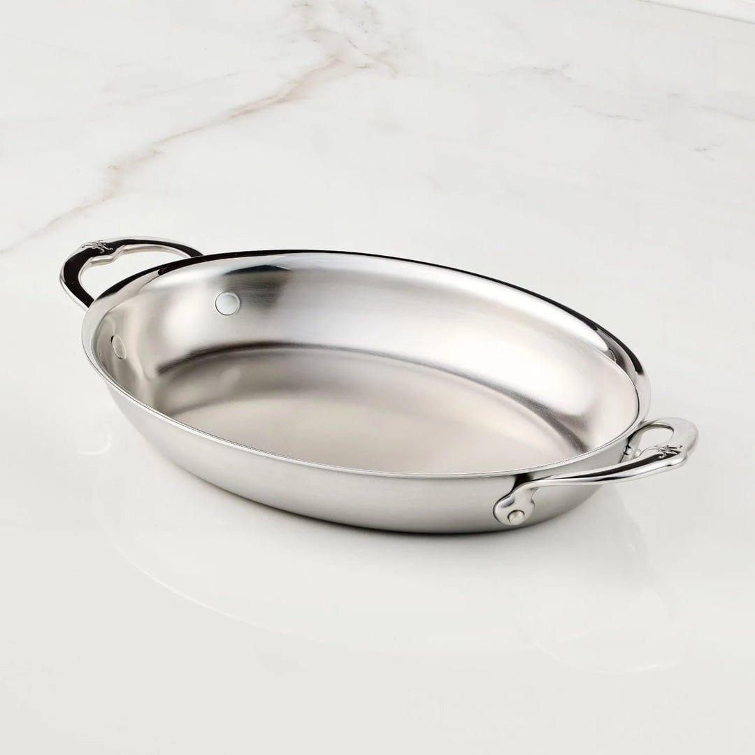 Hestan Provisions Stainless Steel Medium Clad Oval Au Gratin Dish 12.5 x 9 Inch - Perfect for Baking, Roasting & Serving Casseroles, Gratins & Side Dishes