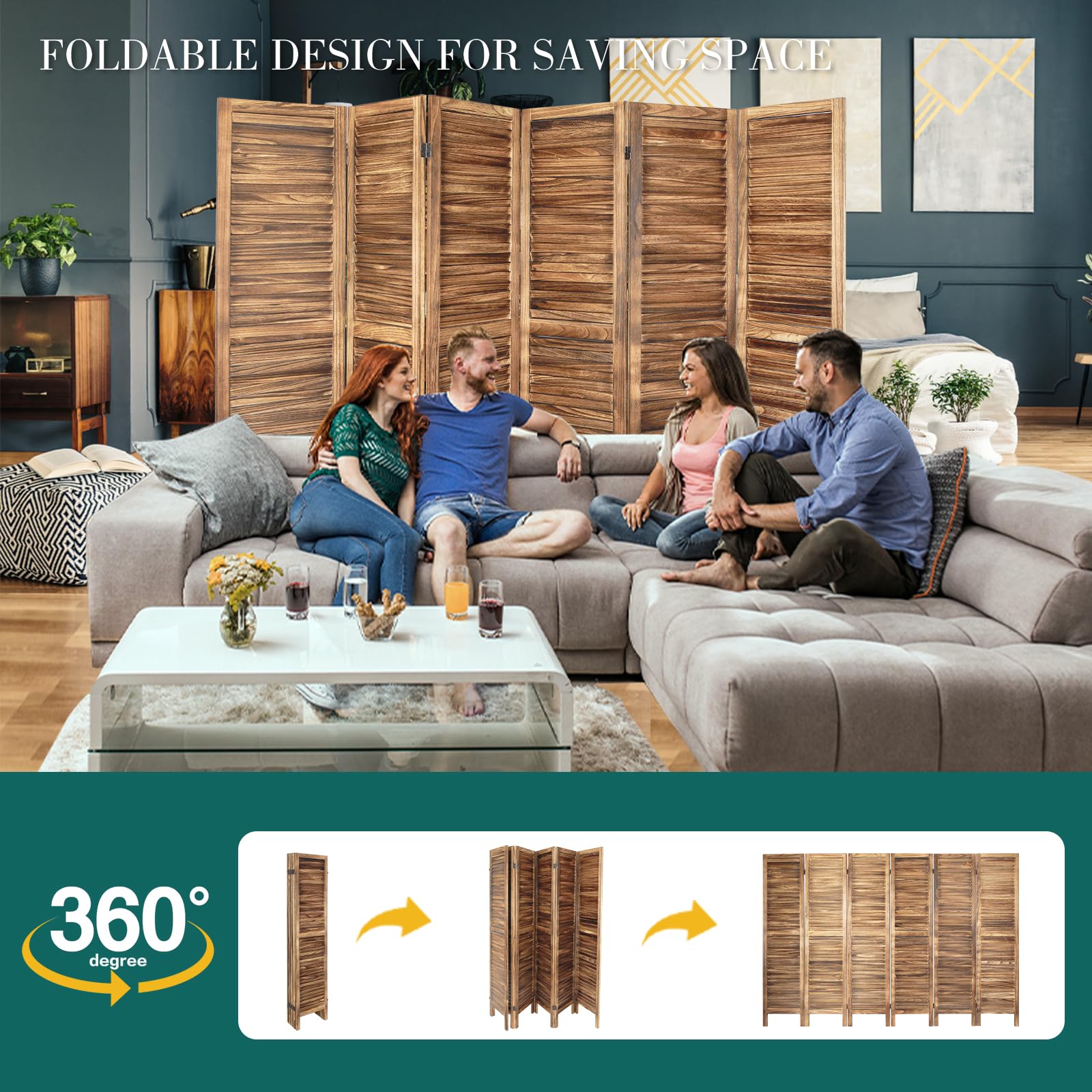 ECOMEX 6 Panel Wood Room Divider - 5.6Ft Tall Folding Privacy Screen with Louvered Design, Freestanding Partition for Home, Office, Restaurant & Bedroom (Brown) | Perfect for Creating Private Spaces, Room Separation & Decoration