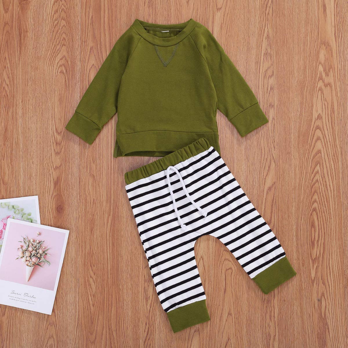**Newborn Baby Clothes Set - Long Sleeve Pullover & Striped Pants 2Pcs Outfit for Boys & Girls (6-12 Months, Green) - Soft & Comfortable Fall Wear for Infants, Perfect for Playdates & Family Photos**