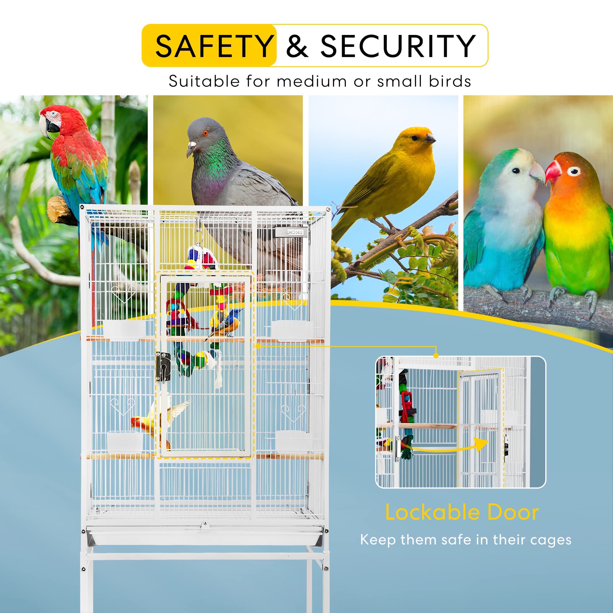 VIVOHOME 54 Inch Large Wrought Iron Bird Cage with Rolling Stand - Flight Cage for Parakeets, Canaries, Cockatiels, Lovebirds & Conures - Perfect for Home, Office or Outdoor Use (White)