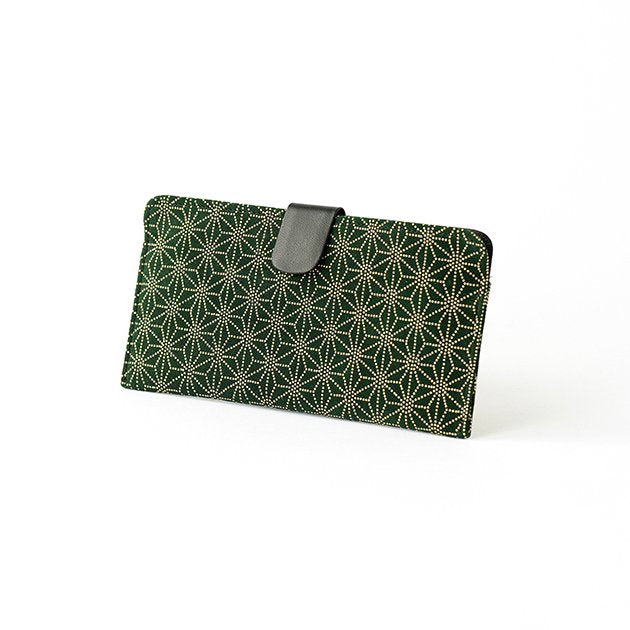Premium Japanese Deerskin Leather Long Wallet with Urushi Lacquer - Asanoha Hemp Leaf Pattern, Dark Green - Handmade in Japan - Perfect for Gifts, Travel & Everyday Use