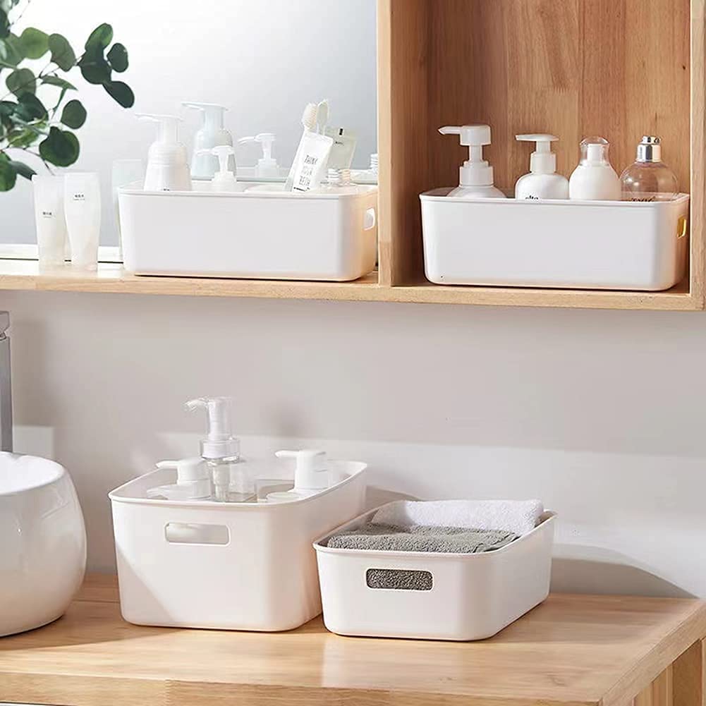 White Plastic Storage Bins with Handles - 3-Pack (S+M+L) for Kitchen Pantry, Bedroom, Bathroom & Toy Organization | Food Storage Containers, Snack Box & Home Organizer Basket Set