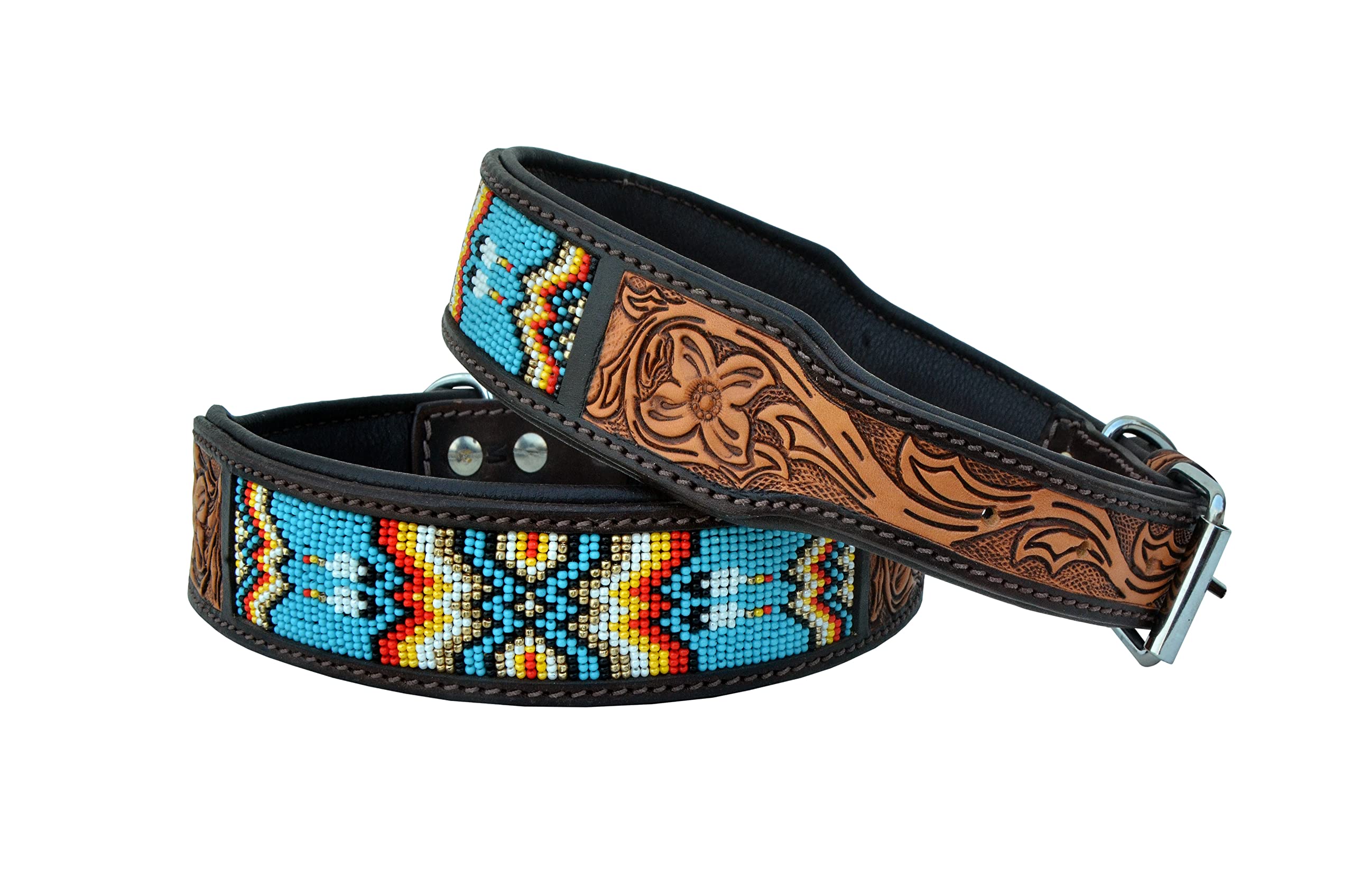 Hand-Tooled Western Style Leather Dog Collar - Heavy Duty Adjustable Beaded & Padded Soft for Puppies & Large Dogs (10AB011) - Perfect for Training, Daily Walks & Cowboy-Themed Pet Fashion