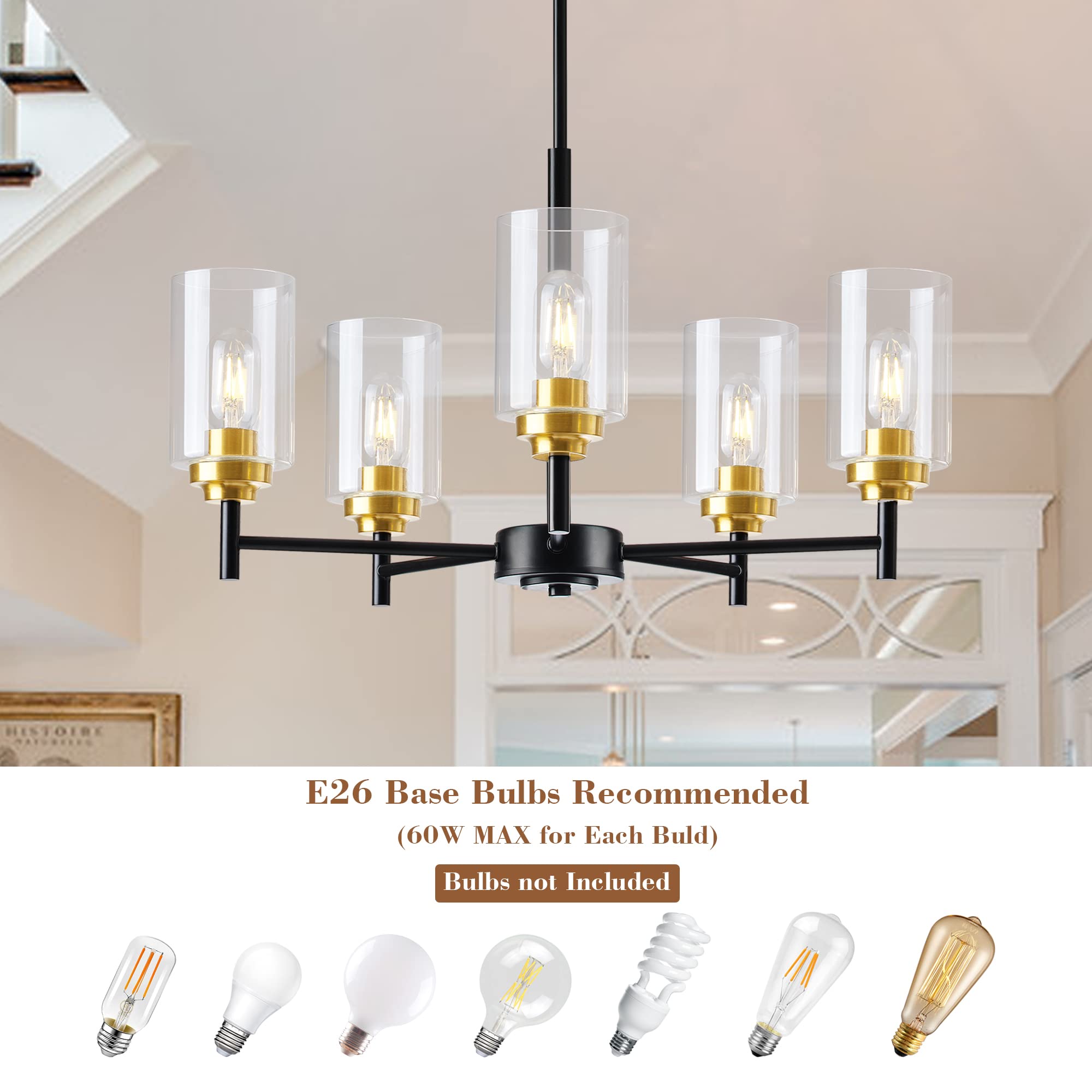 5-Light Glass Farmhouse Chandelier - Modern Black & Gold Pendant Lighting for Dining Room, Kitchen Island, Foyer, Living Room & Bedroom | Elegant Ceiling Fixture for Home Decor & Dining Ambiance
