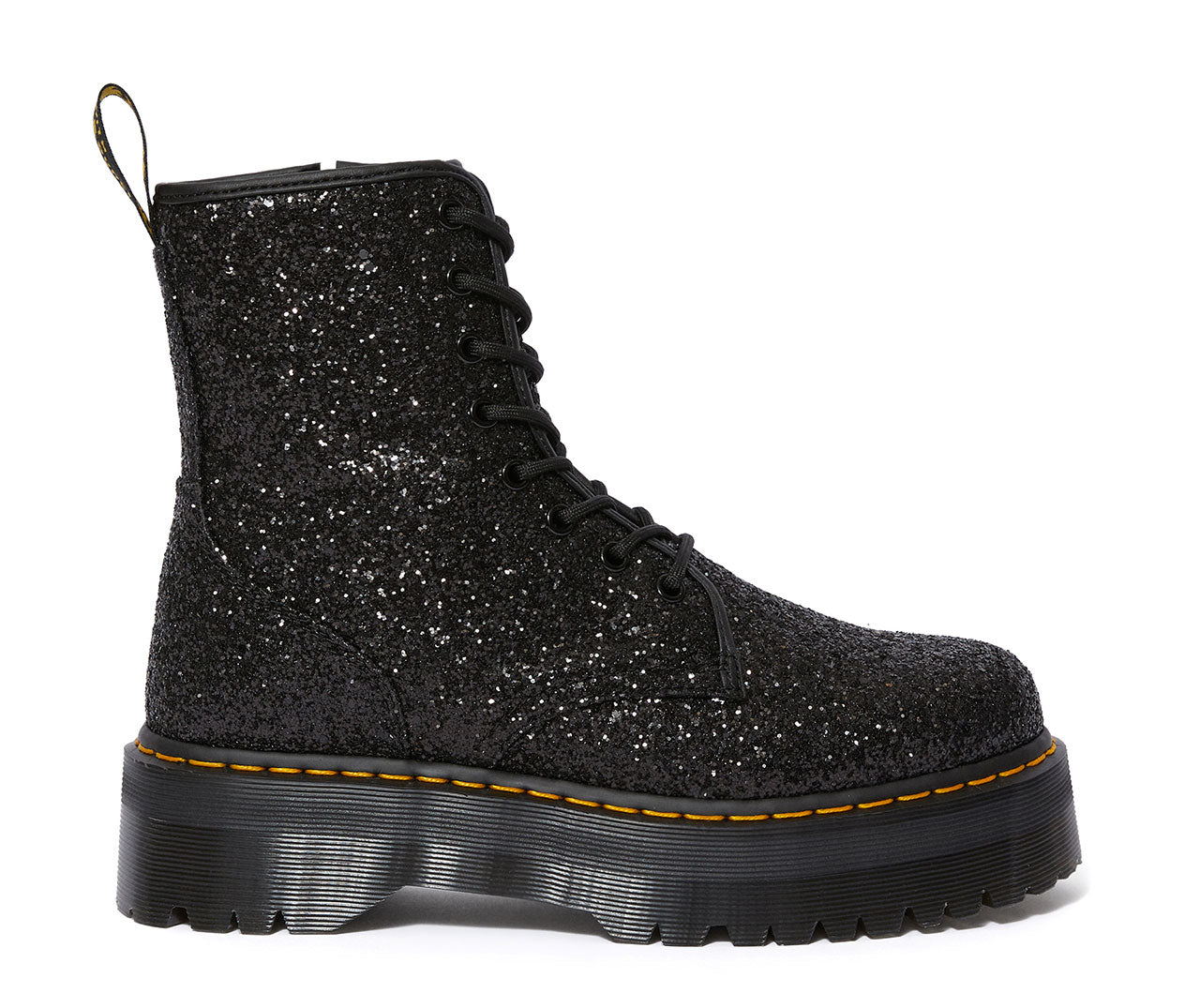 Dr. Martens Jadon Glitter Black Chunky Platform Boots for Women - Punk Style Combat Boots with High Shine Glitter Finish | Perfect for Concerts, Festivals & Edgy Streetwear Outfits