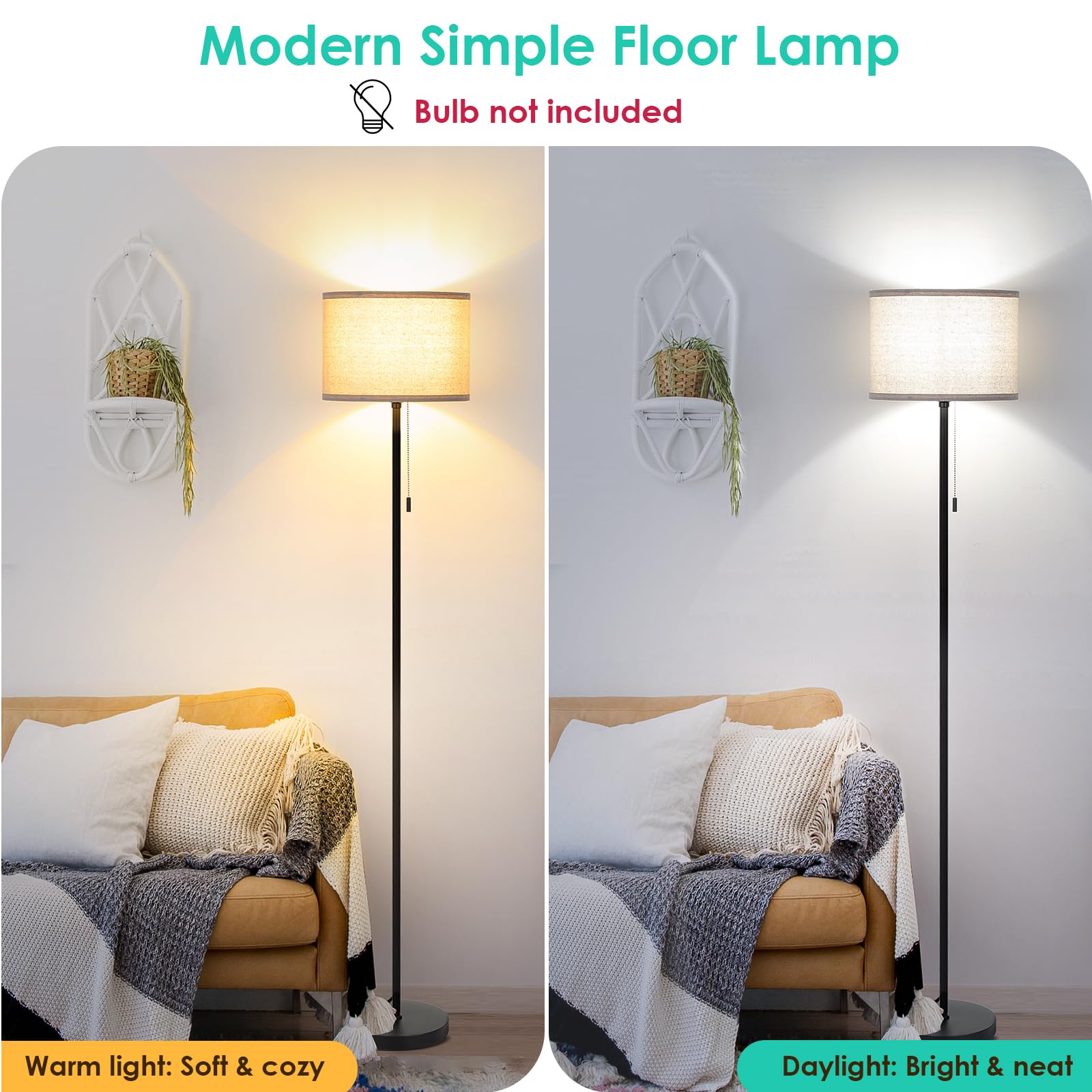 FOLKSMATE Modern LED Floor Lamp - Adjustable Standing Light for Living Room, Bedroom, Office & Reading | Black Pole Design (Bulb Not Included) | Perfect for Night Reading, Home Decor & Workspace Lighting