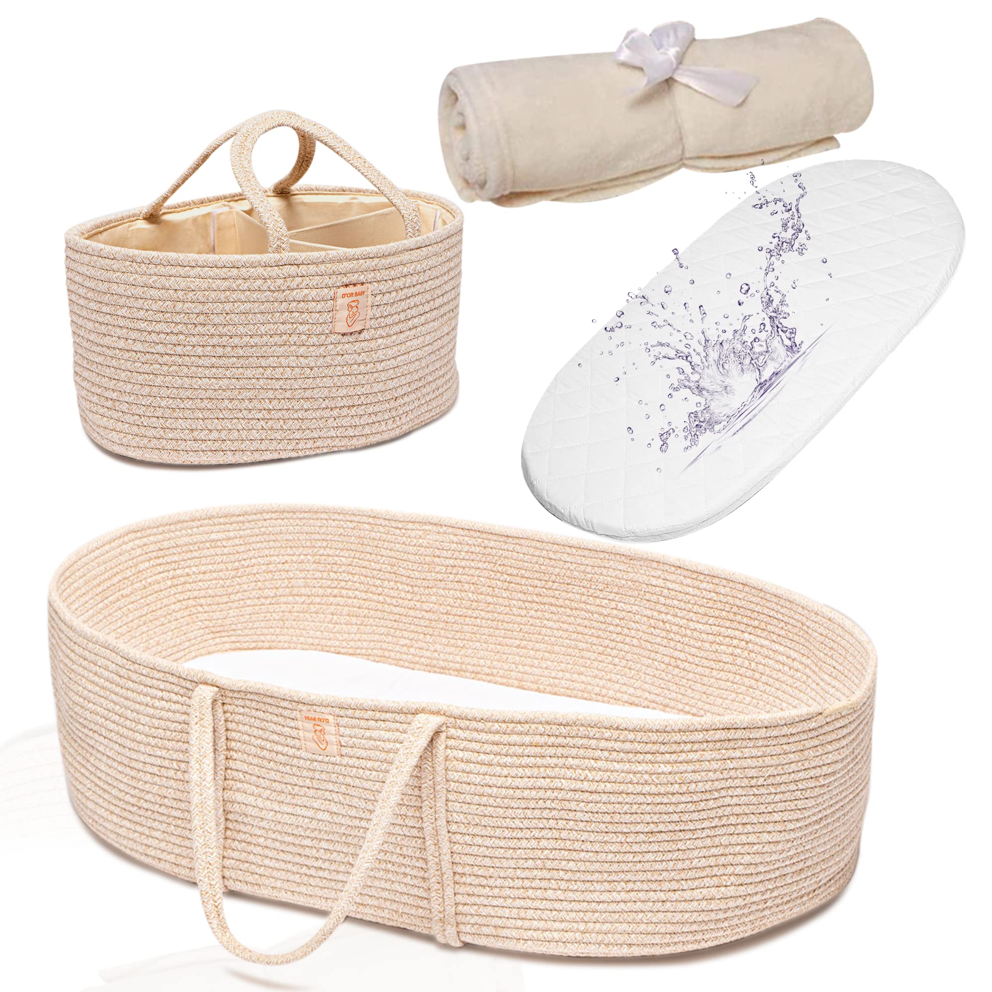 **Trendy Baby Changing Basket Set - 4-Piece Unisex Moses Basket with Waterproof Pad, Diaper Caddy Organizer & Cotton Blanket - Boho Nursery Decor for Bassinet or Changing Table - Perfect for Newborn Care & Nursery Organization**