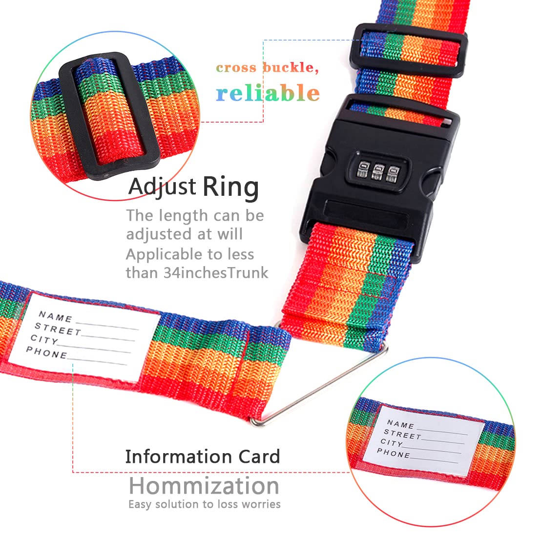 2Pcs Adjustable Heavy Duty Luggage Straps with Quick Release Buckles - Wide Rainbow Suitcase Straps for Travel Bags, Backpacks & Suitcases - Perfect for Airplane Check-in, Secure Packing & Organized Travel Accessories