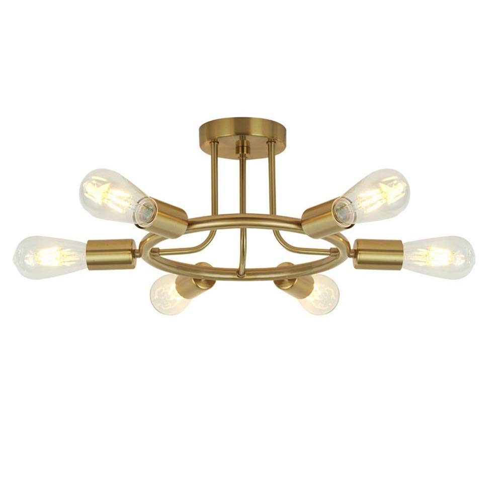 WNDFX 6-Light Mid Century Modern Chandelier - Brushed Brass & Black Sputnik Ceiling Fixture - Semi Flush Mount Lighting for Dining Room, Bedroom, Kitchen, Living Room, and Office Spaces